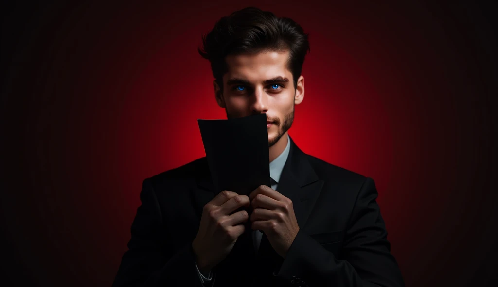"Create an image of a man in a suit and tie with his eyes covered by red ribbons. The ribbons should be tied around his head and flowing outwards, creating a dramatic effect. The background should be solid red to match the color of the ribbons."