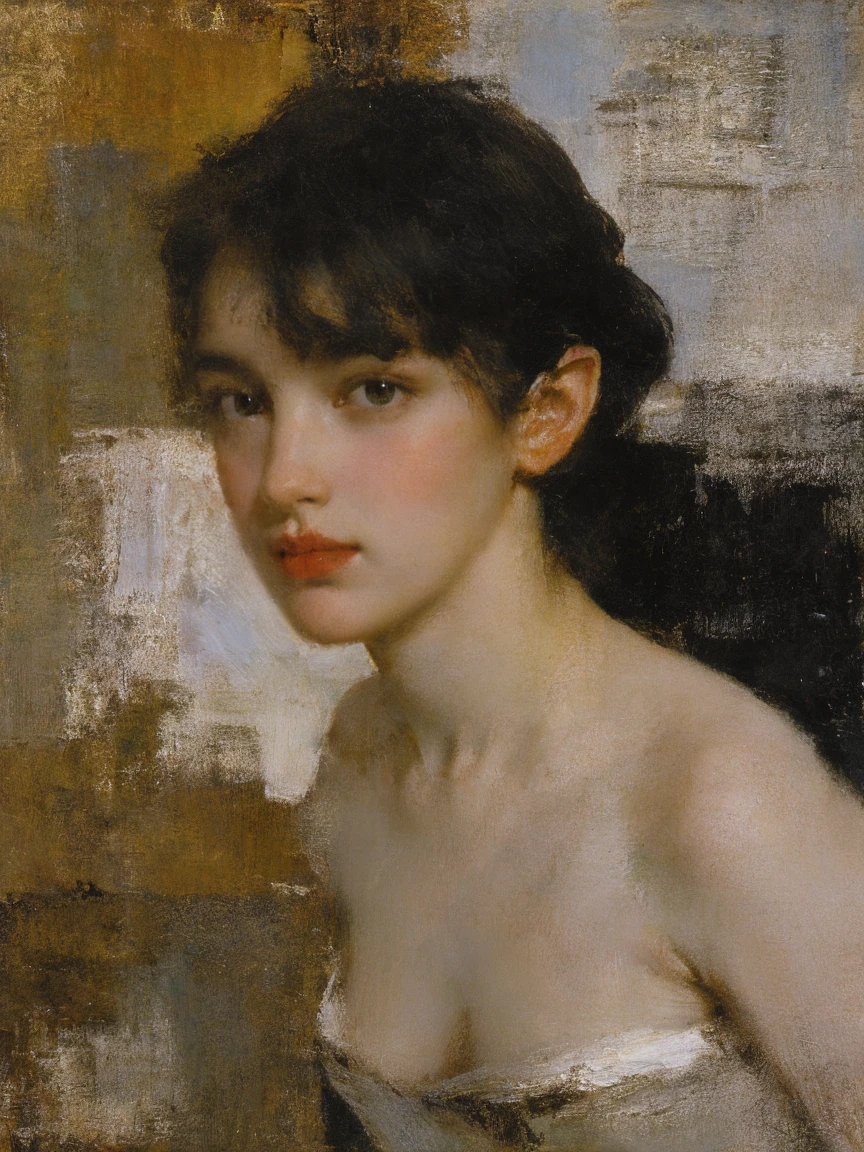 (14 year old girl from the 1920s) ((completely naked)) (corpo esguio), (cabelos pretos longos, franja) (Pele branca clara) Serious expression. corpo inteiro, Face ocidental, ((Location: Casa)), pernas finas, thin arms, rosto fino, olhos grandes, cabelos longos, coxas finas, ela tem olhos azuis, elegante, oil on the canvas, pinceladas brilhantes, Trabalho Abstrato, sonhador , Moody, soft lighting, pequeno, fino, Peitos grandes, pubic hair, Vagina peluda, cintura fina