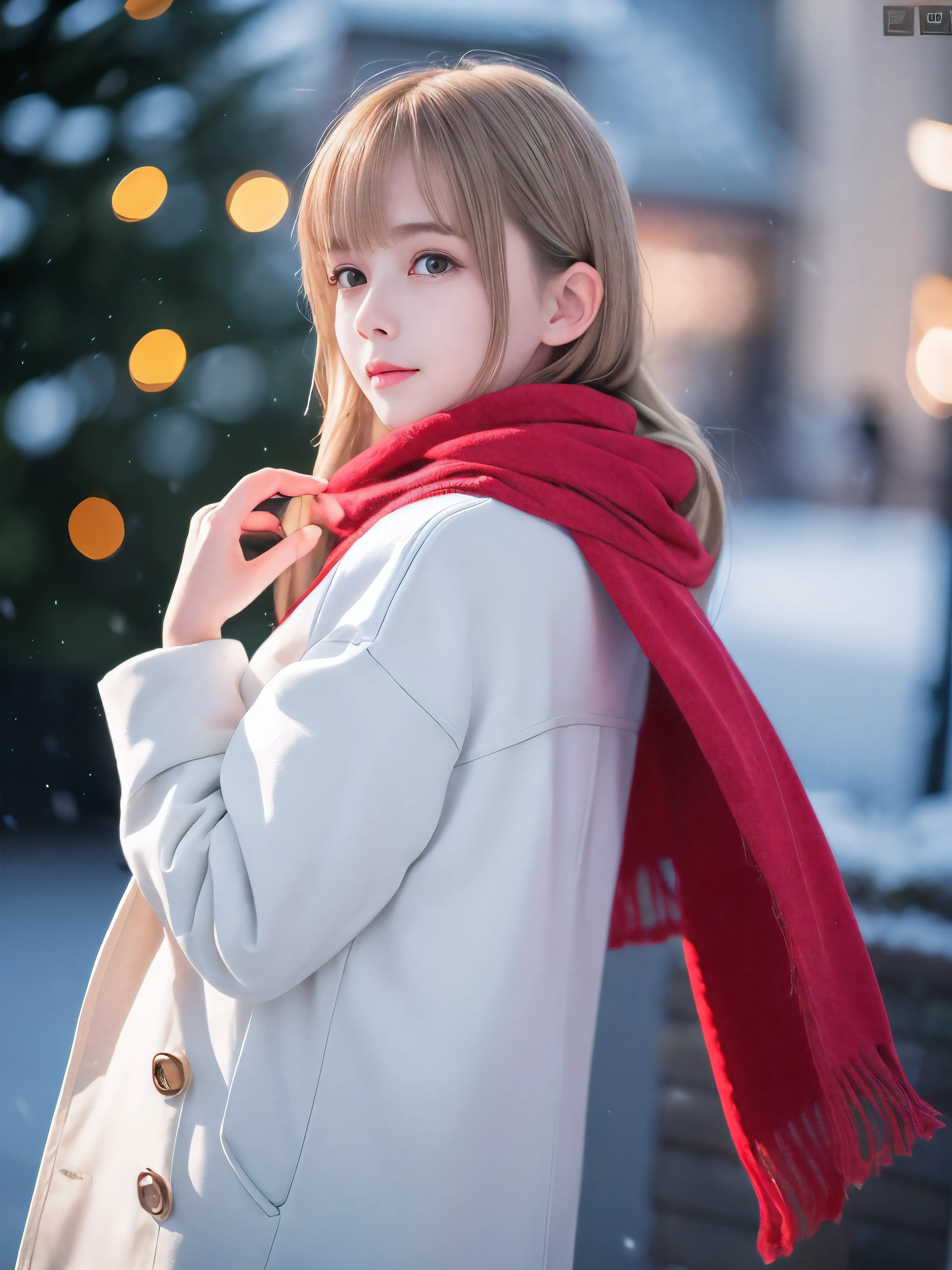 (Close-up face shot of one slender small breasts half up blonde long hair with bangs girl in a winter white long coat and red scarf:1.5)、(One blonde hair girl is looking back with crying face:1.5)、(Very beautiful Christmas illumination night:1.5)、(Heavy snowing night:1.5)、(blurred background:1.5)、(Natural light:1.5)、(8k ultra detailed master piece:1.5)、(perfect anatomy:1.5)、(Photorealistic stick:1.5)、(Raw photo:1.3)、(highest quality:1.5)、(High resolution:1.3)、(Delicate and beautiful perfect face:1.3)、(Delicate and beautiful eye air skin:1.3)、(Real Human Skin:1.3)、((thin legs))