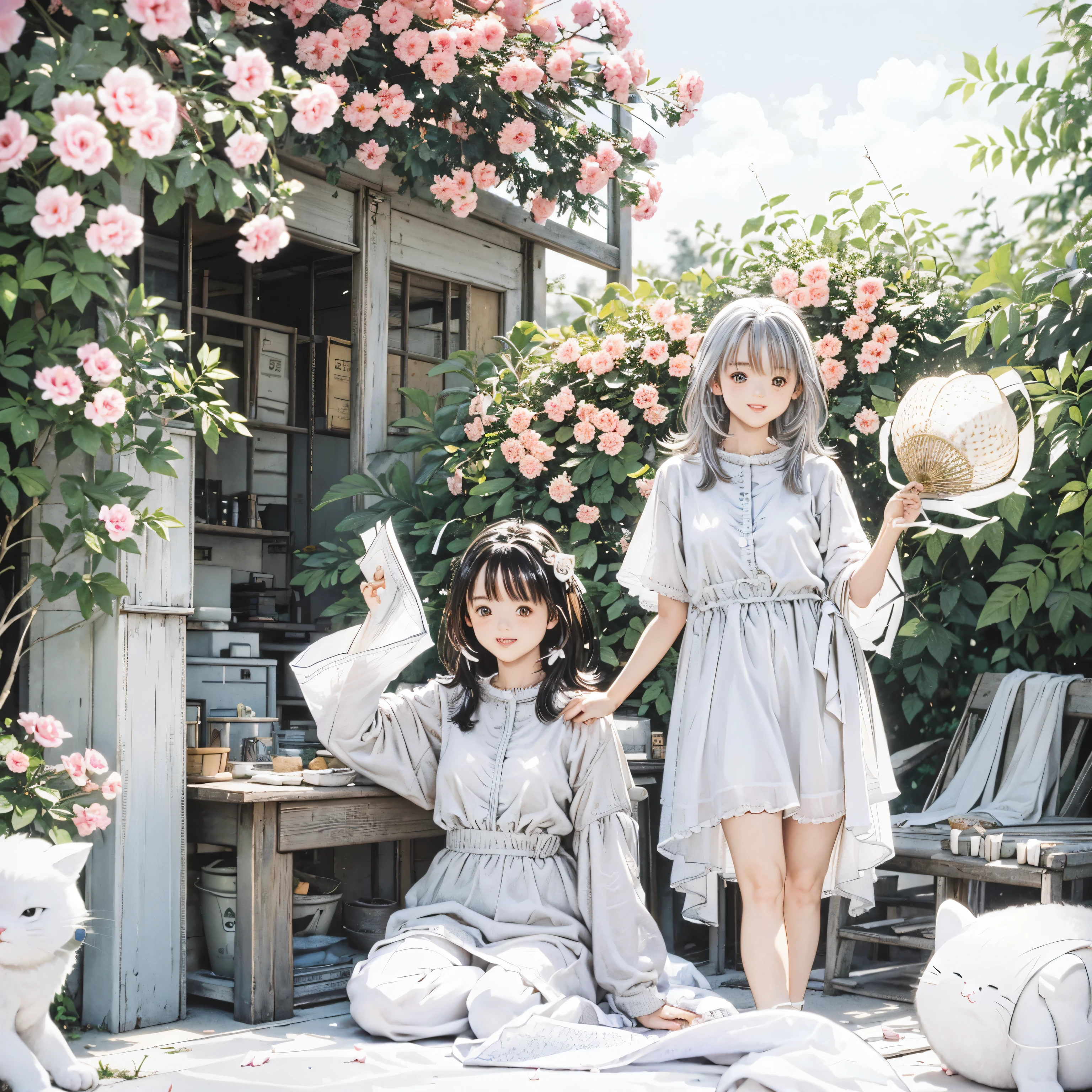 cat、 Silver Hair、White clothes、smile、Good friends、Travel Bags、Carnation、 background carp streamer