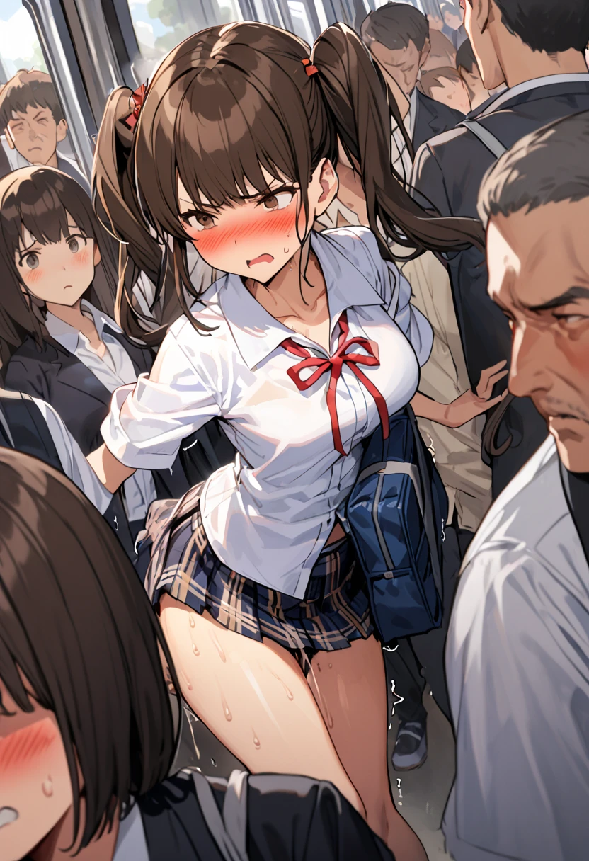 13 old, japanese school girl,dark brown hair,twintail,hair pin, at train ,perfect body,easy-going face,White shirt blouse,sweaty, plaid skirt,trouble,twin tail, blush、molested, anatomically correct, Japanese sound effects, Crowded trains, heavy crowds, blushing, disgust, Anatomically correct depiction of details, can't move in the crowd, one scene, Convulsions, trembling, school bag,perfect ass, massive pussy juice trail, one cut, All around me are men,one cut,ass grab(on skirt),tits grab,