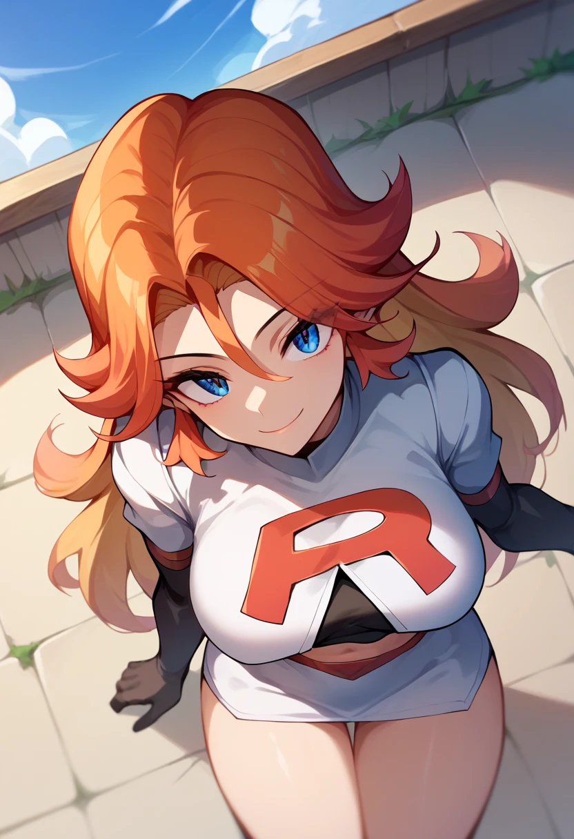 sCore_9,sCore_8_above,Core_7_above,   mavuika-gi  ,  a girl, d cup breasts, alone, long hair, neckline,   big breasts , sky,   looking at the spectator , blue sky, blows, smile, outdoors, cloud,  Body, day, team rocket uniform, soft thighs, adult, 