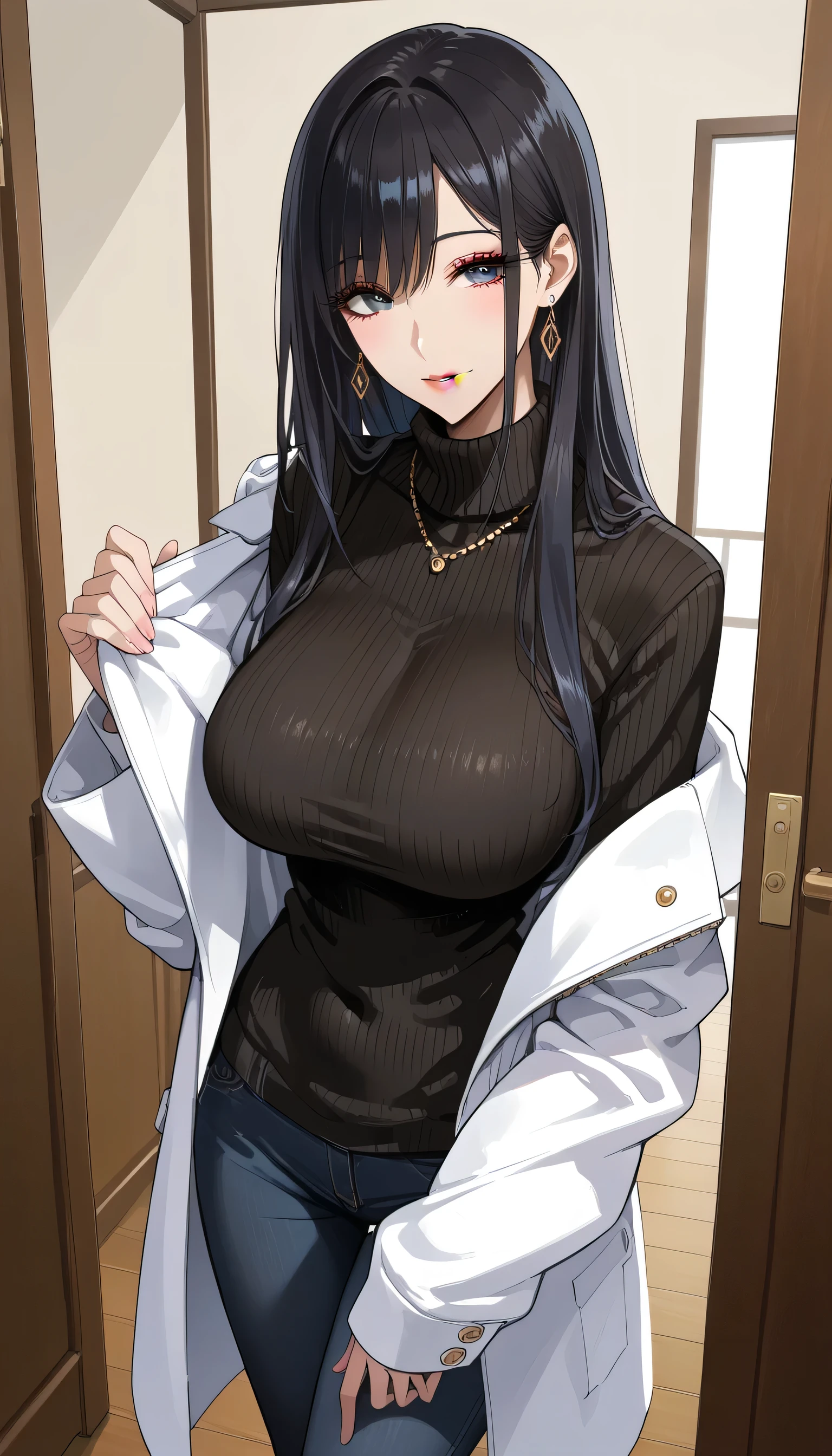  score_9,  score_8_up,  score_7_up,  source_Anime,masterpiece, best quality, BEAUTIFUL AND DETAILED EYES ,  beautiful detailed lips,  very detailed eyes and faces, long breasts, 1 female, smile, Put on a white coat、sweater under a white coat,  black sweater 、Black Skinny、 long pants  , Big saggy breasts, shockingly  Big Breasts ,  Big Breasts , room,  No Emotion 、 zitales,  taken from above、バストup、makeup、 no makeup、 black hair、 long hair