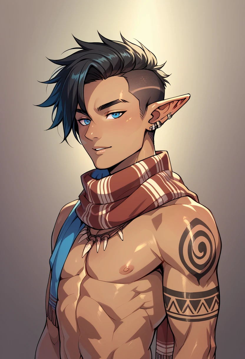 ((Best Character Design)) , human Male Adult ,((oc)) ,Clear Skin Elf ears, Black hair cut , scarf , tribal tattoos 