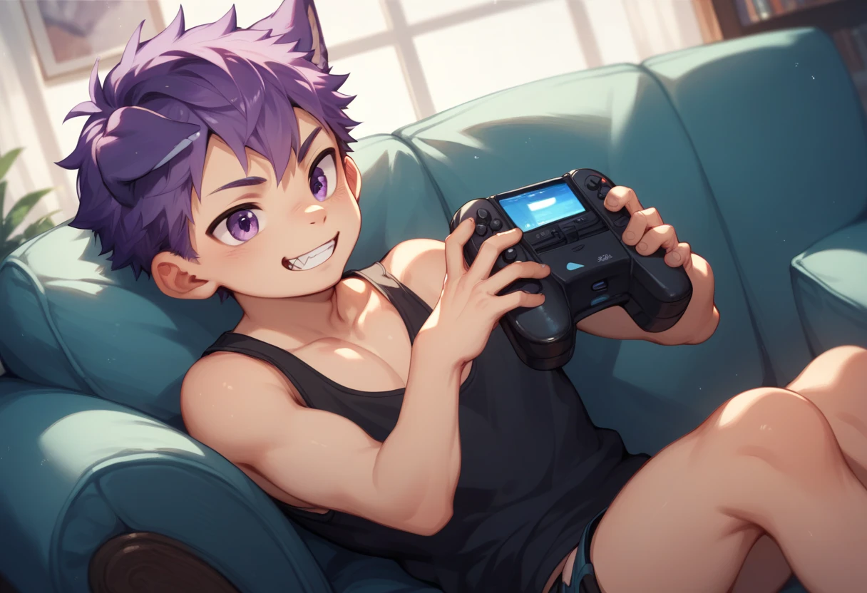 a handsome cute ****** young boy 3yr,was playing console games,messy short purple hair and purple eyes,wearing black singlet,from front,sitting in sofa chair,showing off his canine teeth,fullbody