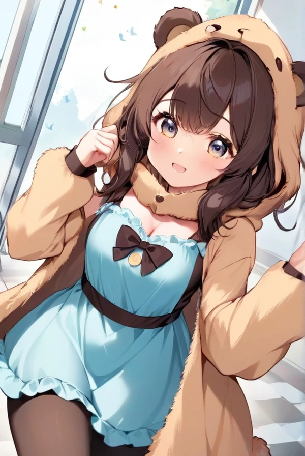 A bear costume, a girl wearing a costume, cute,