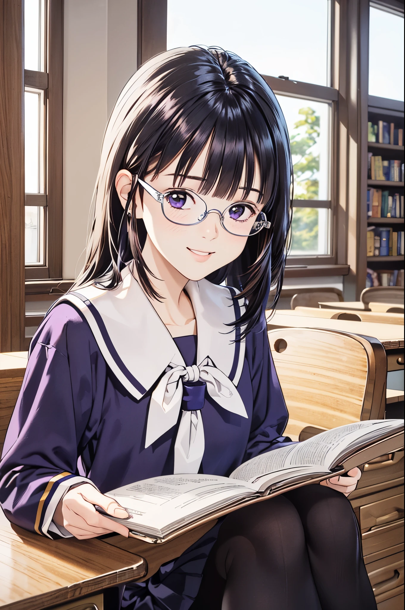 (8k、top-quality、​masterpiece:1.2)、(Realistic、Ultra-detailed、 super A high resolution 、 beautiful detailed face , perfect body for a lawn,( 1 girl ,Long silver hair),( school uniform, sailor suit ,Purple Shirt,navy skirt,White Thailand), Contrapost, clevis,in classroom, Portrait、 Libraries 、 reading a book、(( wear black glasses to capture  )), smiles、