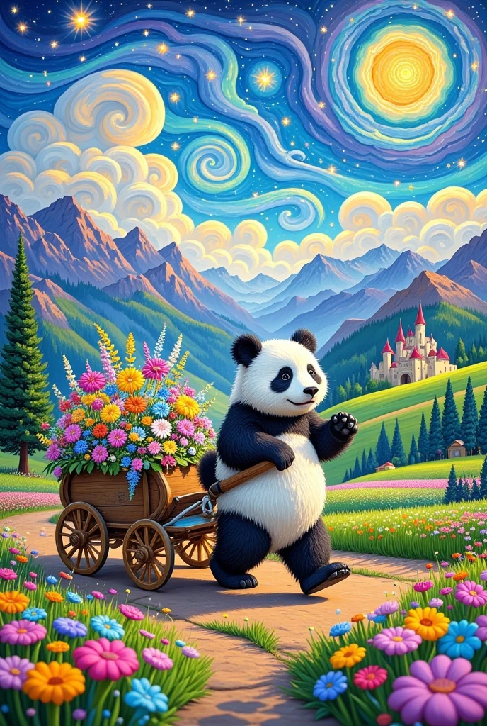  A painting of a panda pushing a carriage full of flowers , Wonderful fantasy landscape art , a panda in space, Dream Painting, Fantasy Art, Whimsical Art,  is just a joke , Andy Parker , magic world.  colorful ,  Dan Mumford and Albert Bierstadt,  received by Cyril Rolando  (Cyril Rolando) Inspiration,  panda panda panda , Mumford and Thomas Kincaid , author：The J