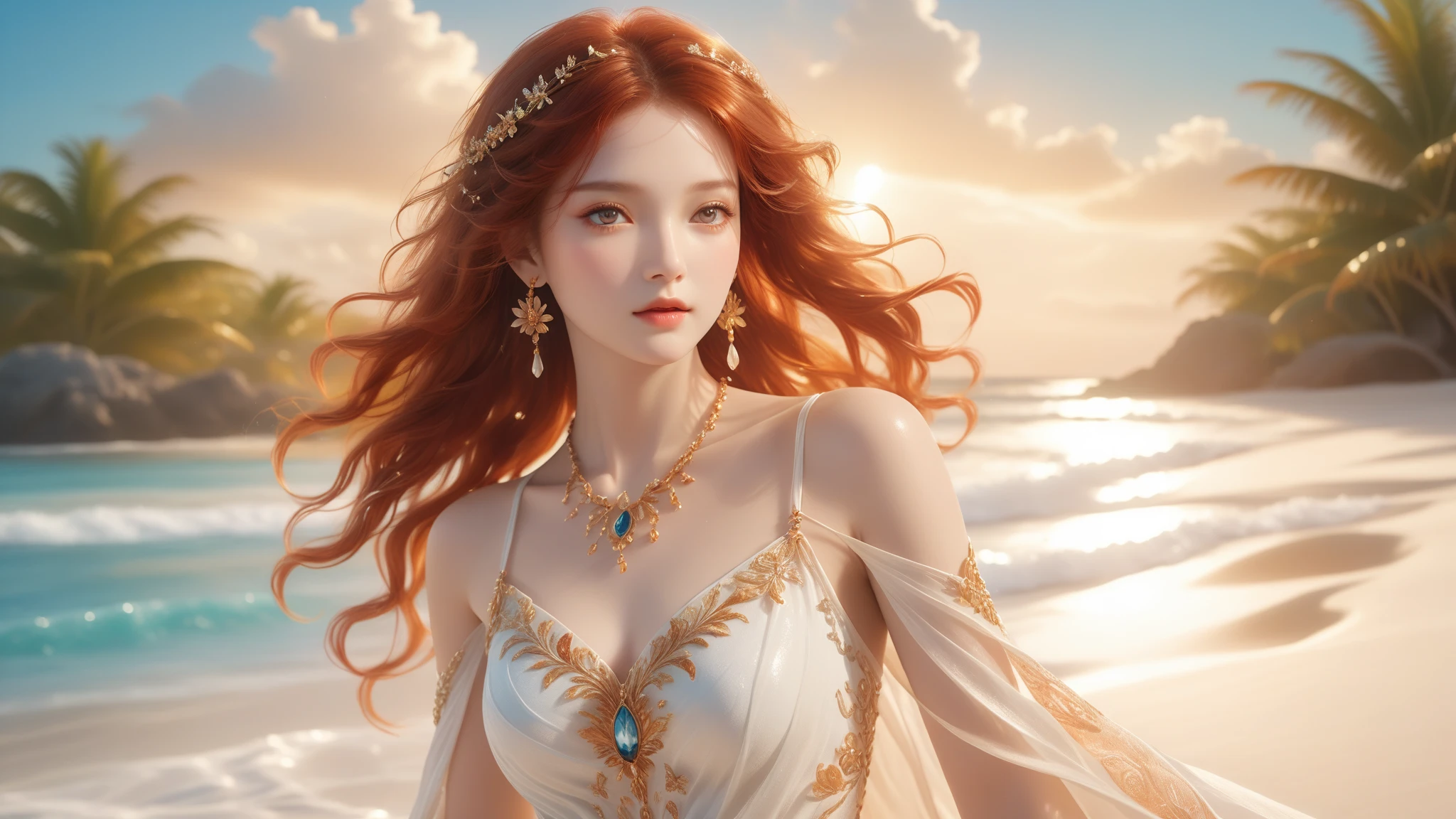 A Masterpiece In 32K Resolution, Supreme Quality, Super Detail, Official Art, Cinematic Lighting, Beautiful And Aesthetic, Ultra-Detailed Features, Very High-Resolution 32K Wallpaper. A Girl With Crystal-Textured Skin, A Cold Look, And Smooth Movement, Adorned With An Attractive Pattern And Dressed Sensually To Highlight Her Ample Breasts. Gentle Breeze, Scattered Leaves, Tropical Beach Background, Porcelain Texture Skin, Soft and Mysterious Look, Red Hair, Long and Flowing, Gray Eyes, Elegant Stance, Intricately Delicate, Ocean Waves, Stunning Eye Details, Fine Detailing, Cinematic Lighting, Charming Expression, Calm Sand Surface, Original Portraits, Super Detailed, Incredibly Detailed, An Ethereal and Serene Beauty, Gorgeous Eyes, Upper Body, Gazing Ahead, Mystical, Full Body, Front View.