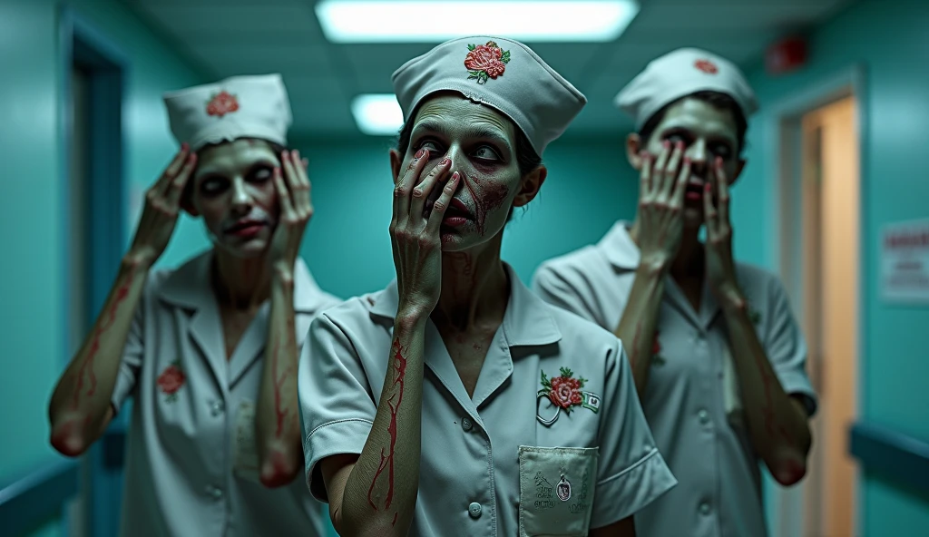(Nswf), Undead evil nurse in a kneeling pose sucks a pennis of orc, (oral rape:1.4), (oral sex:1.3), (suck dick), violence, rape of mouth, coercion to oral sex, torn panties, hand on head