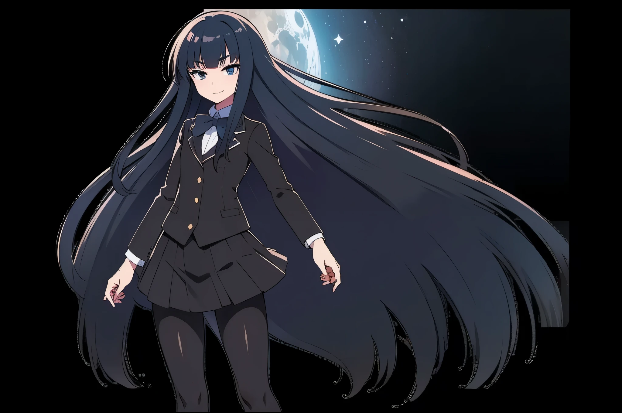 Starry night sky, in space, zero gravity, from side, lie on air, close eyes, evil smile, anime style, 1femail, ultra high res, Best quality, ultra detailed, wearing a black blazer, school uniform, straight long hair, thin legs, pantyhose (black), dark brown bowtie, black skirt, break ideal ratio body proportions, clear detailed face, high nose(1:2), large mouth, break black eyes, break a strong female character with broad shoulders, straight long hair, 8k, masterpiece, dark eyelashes,