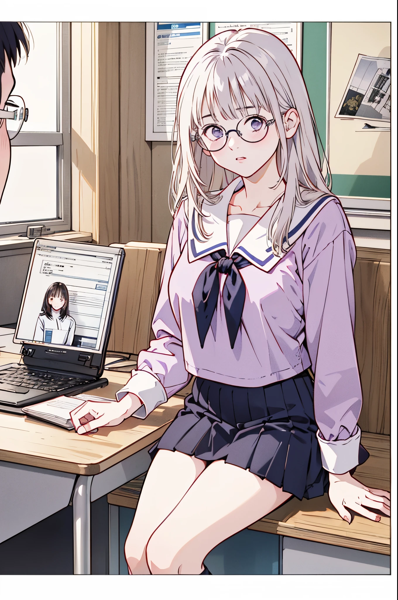 (8k、top-quality、​masterpiece:1.2)、(Realistic、Ultra-detailed、 super A high resolution 、beautiful詳細な顔, perfect body for a lawn,( 1 girl ,Long silver hair),( school uniform, sailor suit ,Purple Shirt,navy skirt,White Thailand), Contrapost, clevis,in classroom, Portrait、 Libraries 、 reading a book、(( wear black glasses to capture  )),beautiful、 embarrassed 、 Big Breasts 、