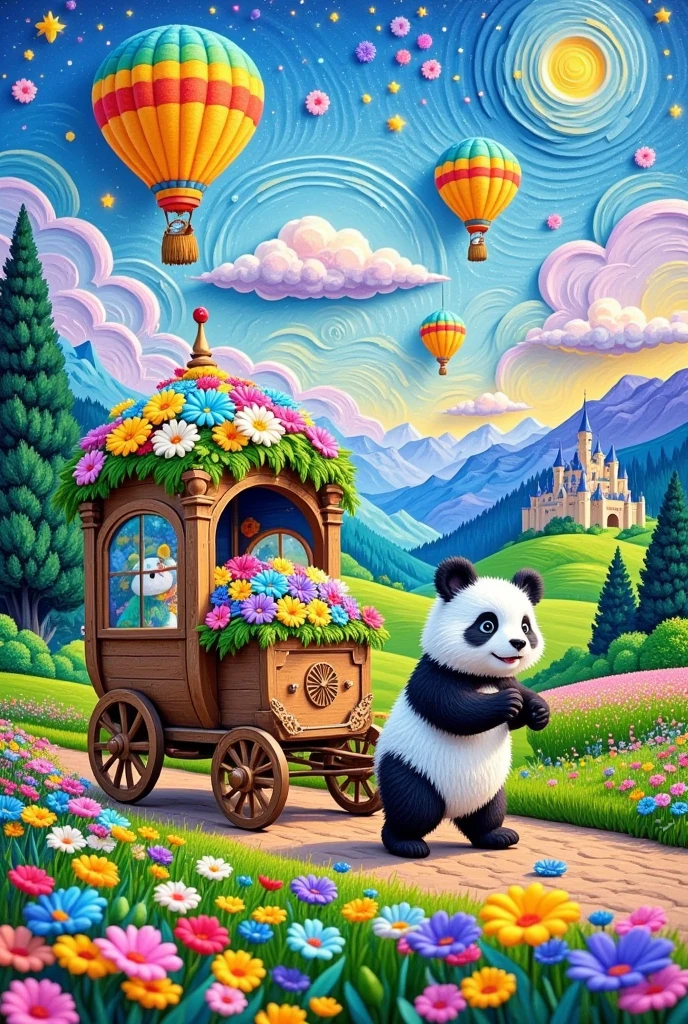 cute rabbits and flowers motif, felt embroidery, 3D texture, A painting of a panda pushing a carriage full of flowers , Wonderful fantasy landscape art , Dream Painting, Fantasy Art, 