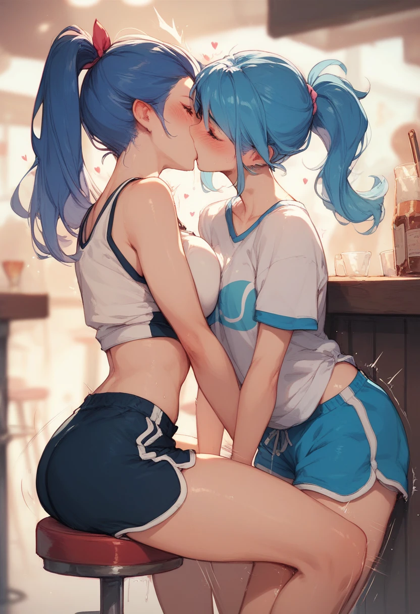 Two women kissing and lying in bed wearing Adidas Baggy pants, multicolored hair, Anatomy correct, accurate, super detail, best quality, textured skin, correct retina, Eye correction, realistic kiss, full body, Anime style