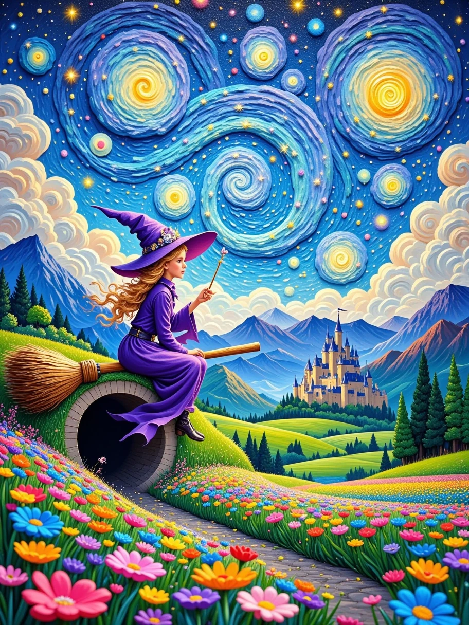 3D 3D oil painting，Van Gogh oil painting，Fingerprint oil painting，3D relief，Dreamy colors and details, 1girl,  A magical magic broom came out of the tunnel，magic broom,  with a mysterious glow on her broom ，As if magic had been cast 。 A young witch was sitting on a broom ， She was dressed in a purple robe ，Wearing a peaked hat，Wand in hand,  The background is a vast sky ，There are swirling clouds and bright stars in the sky，Gives a feeling of starry sky。The ground is covered with colorful flowers，The sea of flowers stretches into the distance, In the distance there are rolling mountains，There is a castle at the foot of the mountain，The castle is surrounded by green grass and trees。 The whole picture is brightly colored ， full of life and vitality ， as if in a fairy tale world 