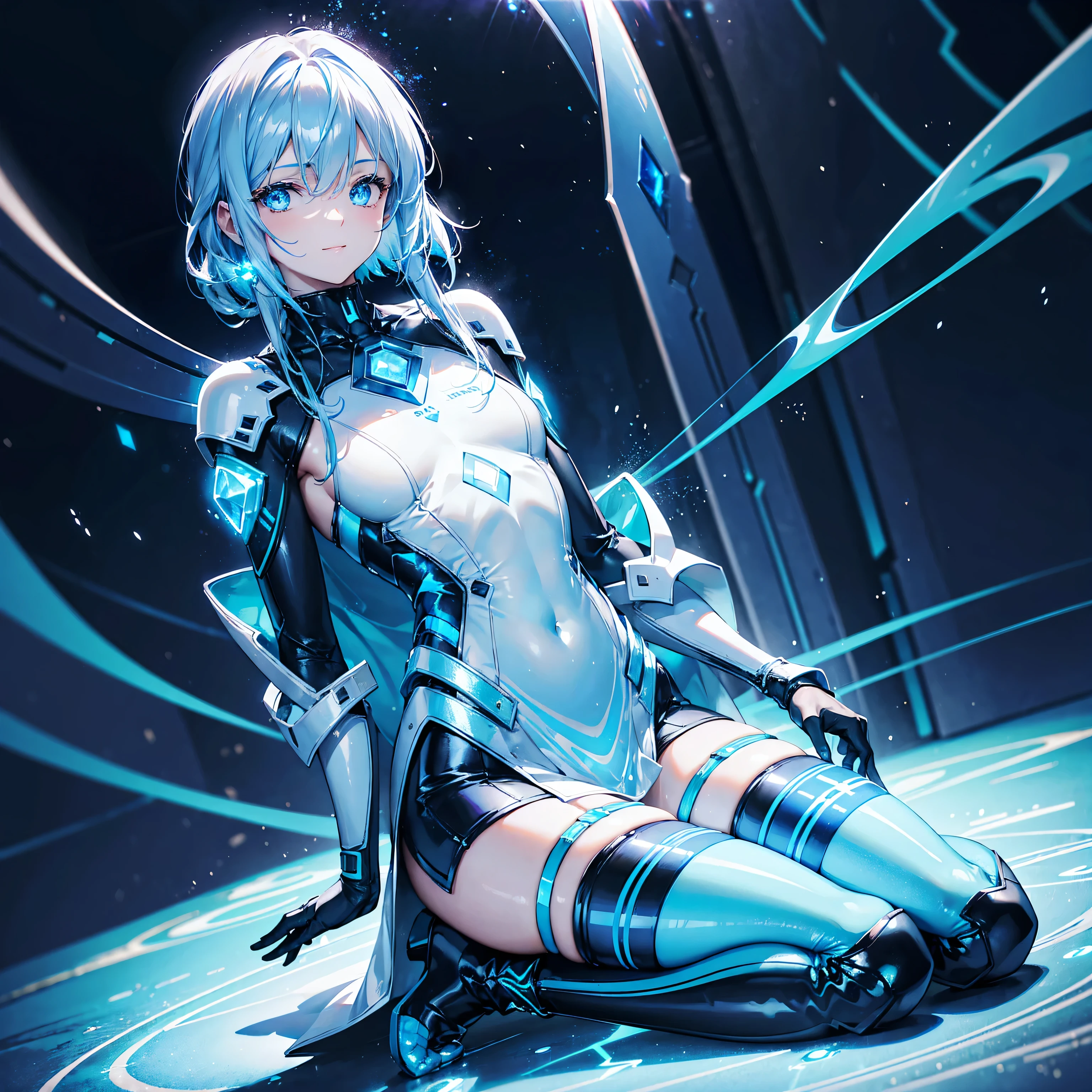 8K, Highest quality, (real:1.4), Original photo, 1 girl, Asari Hair, Biological Amplifier, Very sleek and futuristic armor, posture: Peace talks between warring factions,,attention arousal, smart blue eyes,A modest smile,Knee-high boots,Patent-look blue tights,Blue big moon and blue light swirl in the background,Blue light from behind,blue light magic,A small, glowing blue ball in the palm of your hand,Blue flame swirl,Blue Comet,Polished floor,