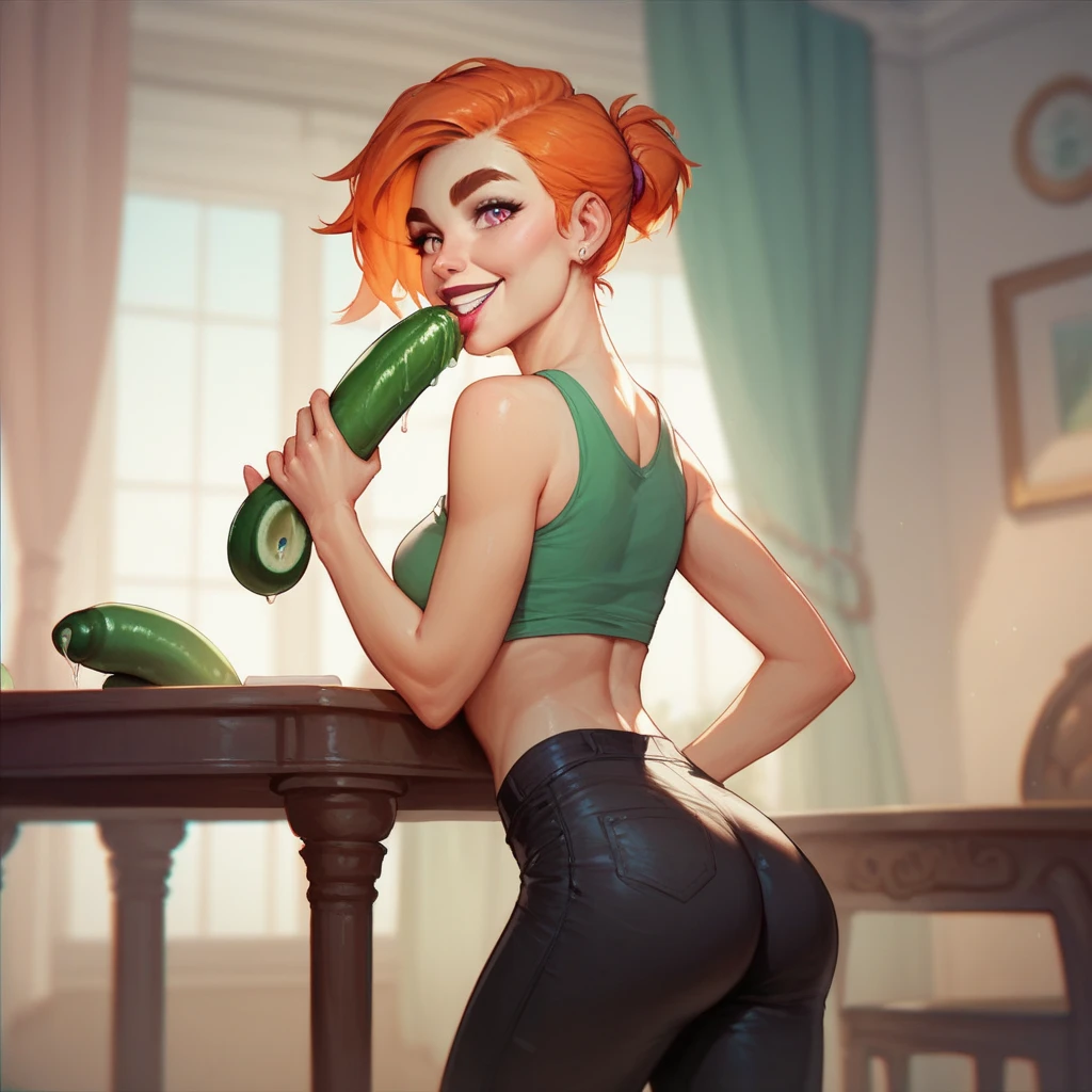 Red hair, short hair, green dress, lying on a bed, They are penetrating her buttocks by a young man in a lab coat, in a kitchen, crying, ripped green yoga pants, the young man spanks her very hard, totally naked breasts. 