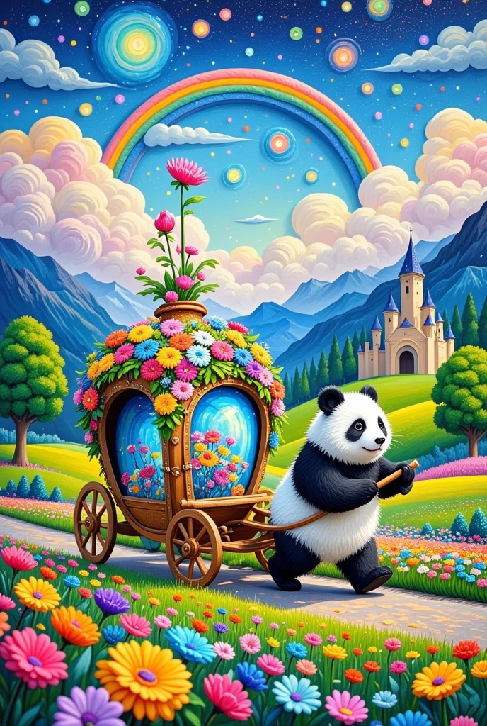  felt embroidery, 3D texture, A painting of a panda pushing a carriage full of flowers , Wonderful fantasy landscape art , Dream Painting, Fantasy Art, 