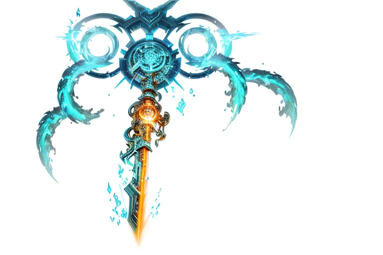 there is a blue and orange sword with a flame on it, blue fire powers, glowing draconic staff, draconic staff, with plasma guns, divine chaos engine, an axe elemental, brandishing cosmic weapon, breathing blue fire, plasma gun, flaming sword, concept artwork, this character has cryokinesis, leviathan cross, fire powers fire swirling