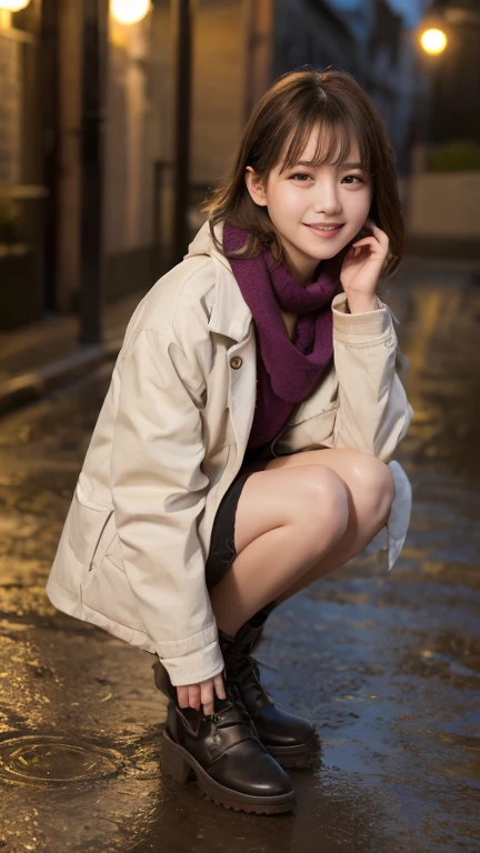 ((Duffel coat、hi-school girl、a miniskirt、thighs thighs thighs thighs、Mouton Boots、crouching down、open one's legs、Detailed panties:1.2))、(realisitic、Photorealsitic、ultra-detailliert、Highest Details Skins、top-quality、masterpiece、超A high resolution)、Realistic skin type、Japan schoolgirl uniform、simple background、Cute Japan person、18year old、younggirl、I have bangs、二重まぶた、drooing eyes、Cute smile、Charming、purity、double tooth、View here、Winters、It's snowing、Thick check muffler、The wind is blowing