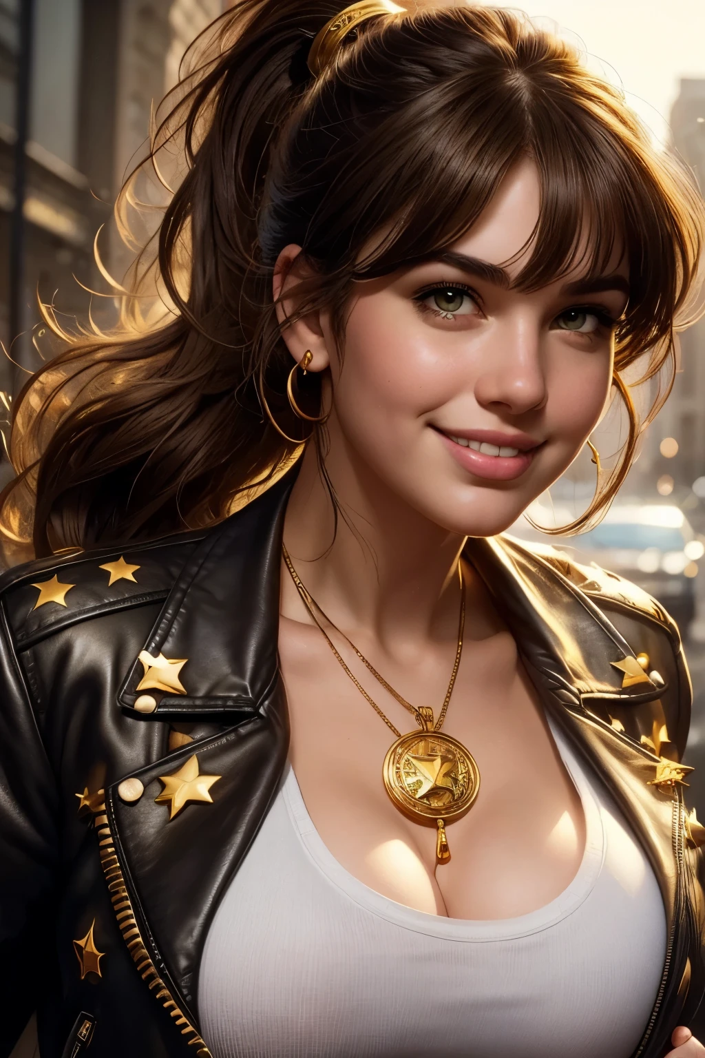 absurd quality.   natural lighting  .  hyperrealism .    fantastic comic book style illustration . A plus-size girl  ,  brown hair with bangs and ponytail,   olive eyes detailed ,   shy smile  , Wear leather jacket with gold stars on the shoulders over a white t-shirt.   Wear a gold medallion with zodiac signs around your neck.  huge natural breasts . Close no rosto. Close-up. LUMINOUS GOLDEN AURA, superpowers. lush. carefree. With attitude     . seductive.