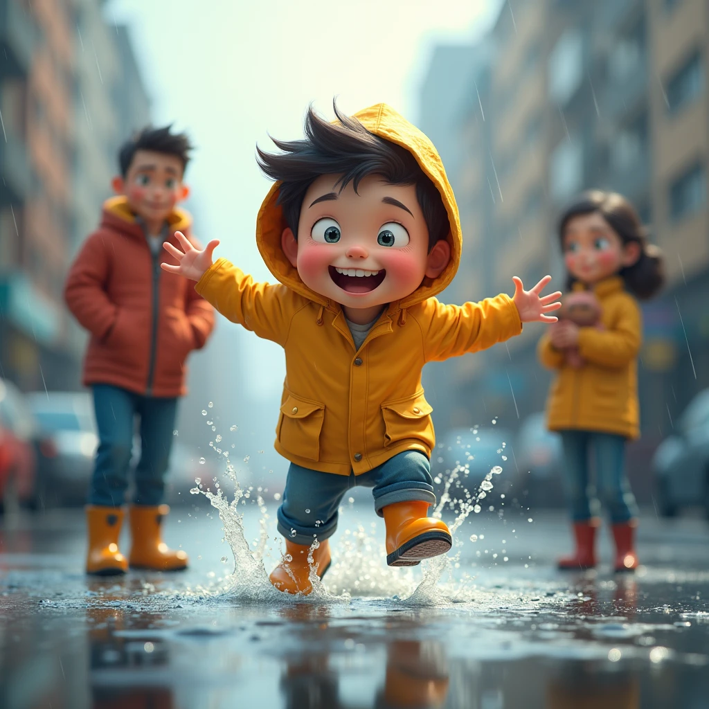  boy with an umbrella in a jacket and rubber boots jumps happiness through puddles,  his mom and dad stand away clutching together , and looking at his son ,cute faces,good atmosphere,bright colors,in the rain,in the city,cute scene , photorealistic funny characters ,maximum detail,  cheerful happy boy jumps through the puddles , heavy rain , bubbles in the puddles ,  splashes from the boy's boots ,happy mom , dissatisfied dad ,((mom and dad hug on an umbrella and look at their son)), photorealism ,