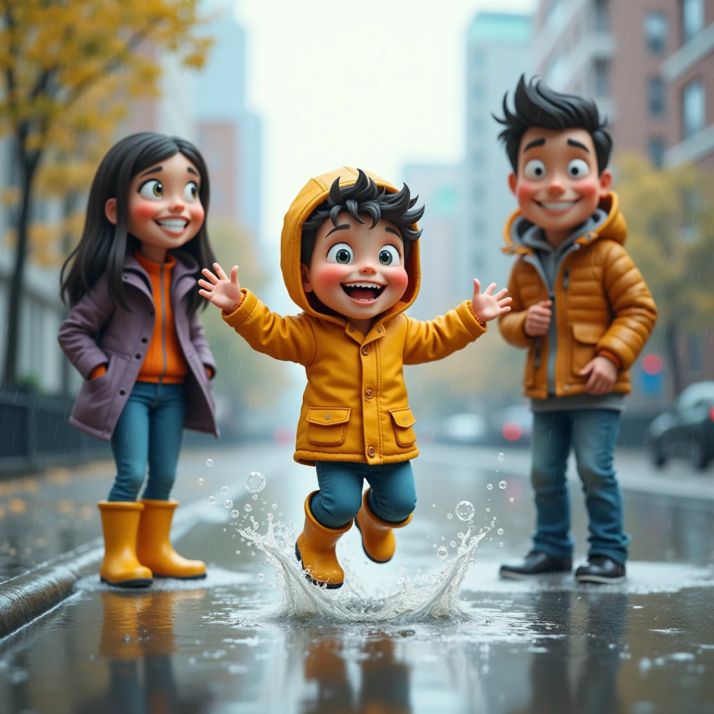  boy with an umbrella in a jacket and rubber boots jumps happiness through puddles,  his mom and dad stand away clutching together , and looking at his son ,cute faces,good atmosphere,bright colors,in the rain,in the city,cute scene , photorealistic funny characters ,maximum detail,  cheerful happy boy jumps through the puddles , heavy rain , bubbles in the puddles ,  splashes from the boy's boots ,happy mom , dissatisfied dad ,((mom and dad hug on an umbrella and look at their son)), photorealism ,