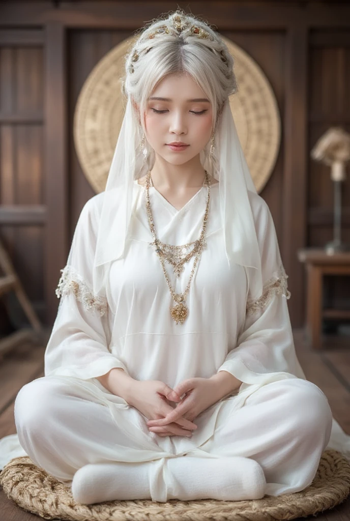 (1 female Bodhisattva: 1.4) sitting on round straw mat, (Indian style: 1.3), sitting on round straw mat, (round straw mat: 1.3), (meditation pose: 1.3), (raising hands, crossed hands , Prayer posture: 1.3), dignified and beautiful, wearing (white silk Buddha clothes: 1.3), (white silk: 1.3), having (white hair: 1.2), (good: 1.2), French braid, white transparent veil, futon , close your eyes, jewelry, necklace, (prayer beads:1.2), (white cloth shoes), white socks, (go to love:1.2) (((veil)))
