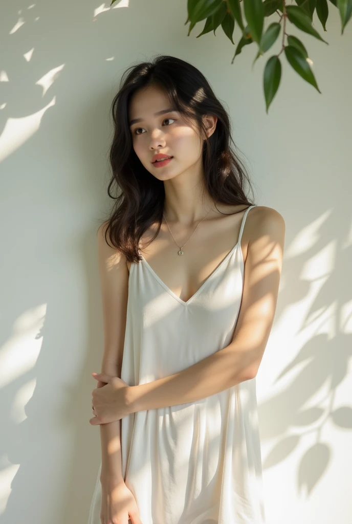 
Prompt : A close-up young thai woman standing gracefully against a white wall, her posture relaxed as dappled sunlight filters through the leaves above, casting soft shadows and patterns across her face and body. She gazes thoughtfully, with a serene expression, as the interplay of light and shadow creates a natural, artistic effect. The white wall provides a clean, minimalist backdrop, emphasizing the delicate details of her features and the gentle glow of the sunlight. The scene feels tranquil and timeless, with subtle textures of the wall and leaves adding depth and warmth to the composition.