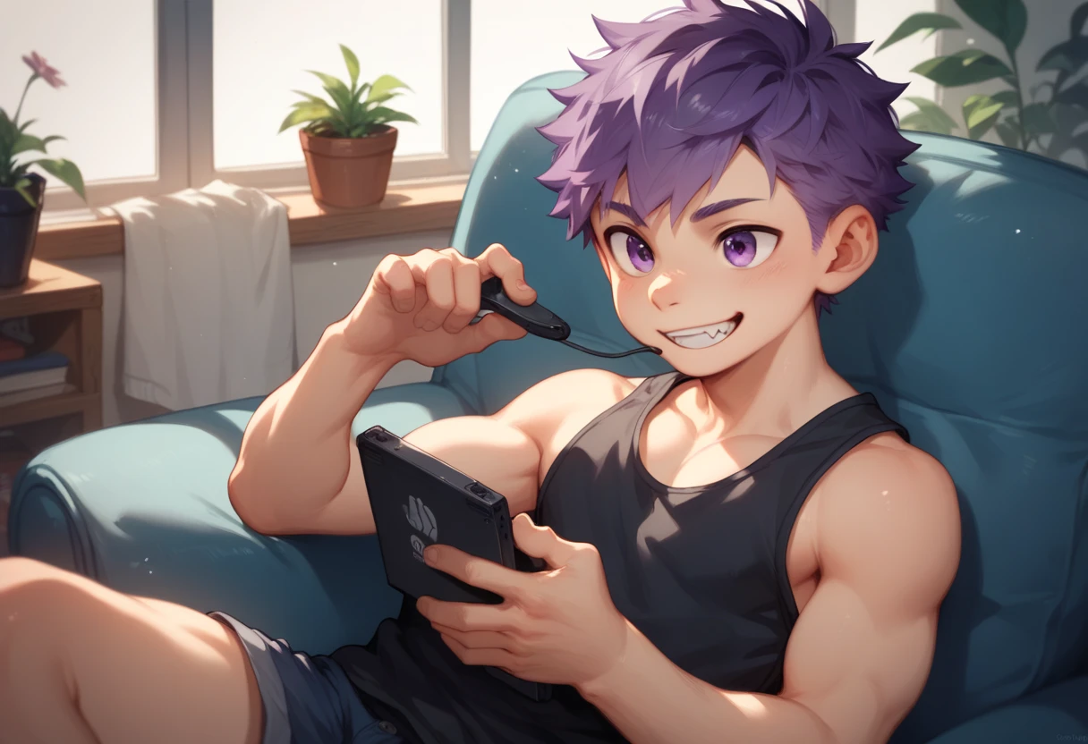 a handsome cute little young boy 3yr,was playing console games,messy short purple hair and purple eyes,wearing black singlet,from front,sitting in sofa chair grey,showing off his canine teeth,fullbody