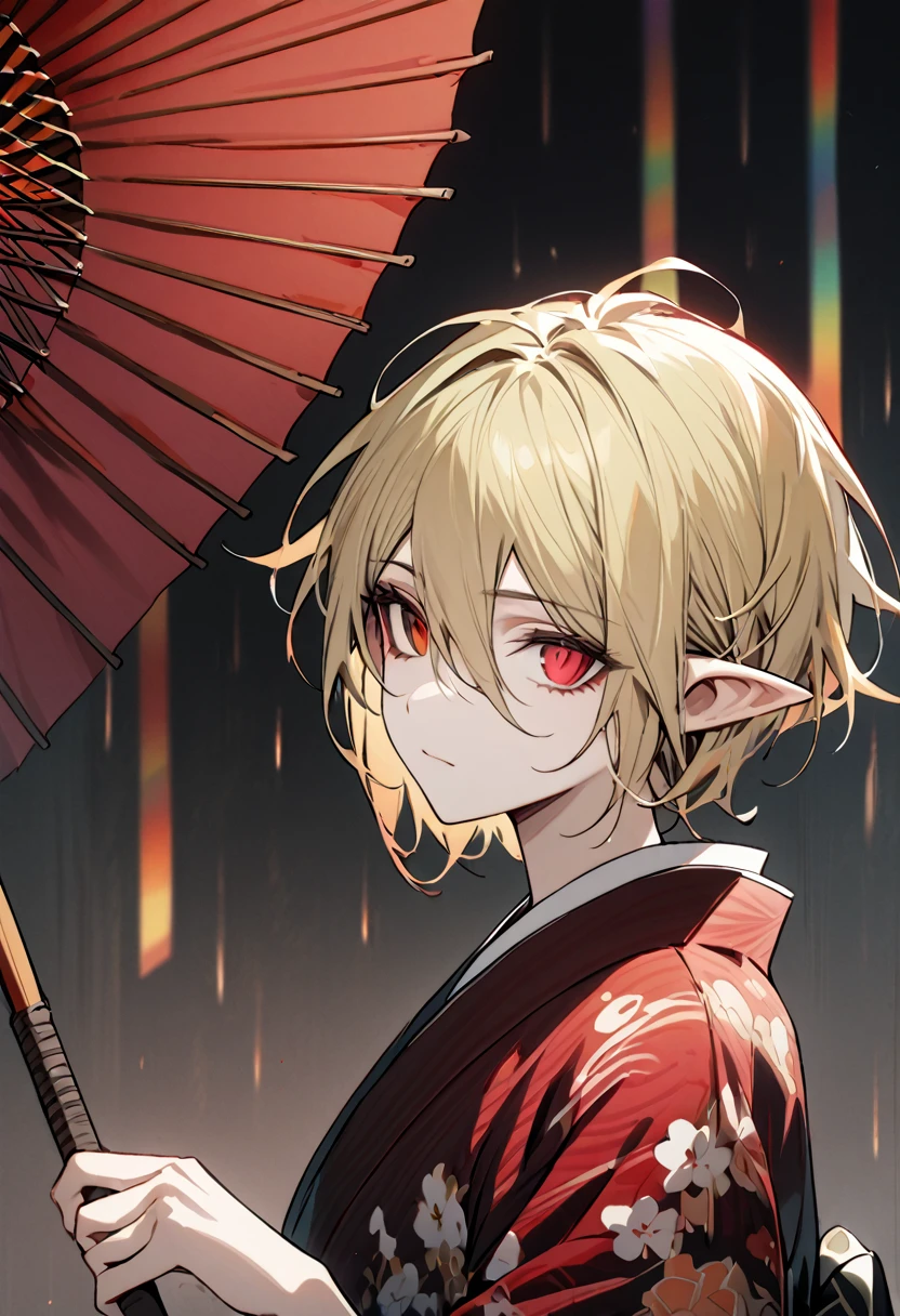 1 man, masterpiece,  best quality, Beautiful Boy, Women,  No Emotion, Vertical pupils,  rainbow heterochromia,  red eyes, Pointy ears,  blonde hair,  layer cut, Short Hair, kimono, Tang Umbrella,  Dark Fantasy