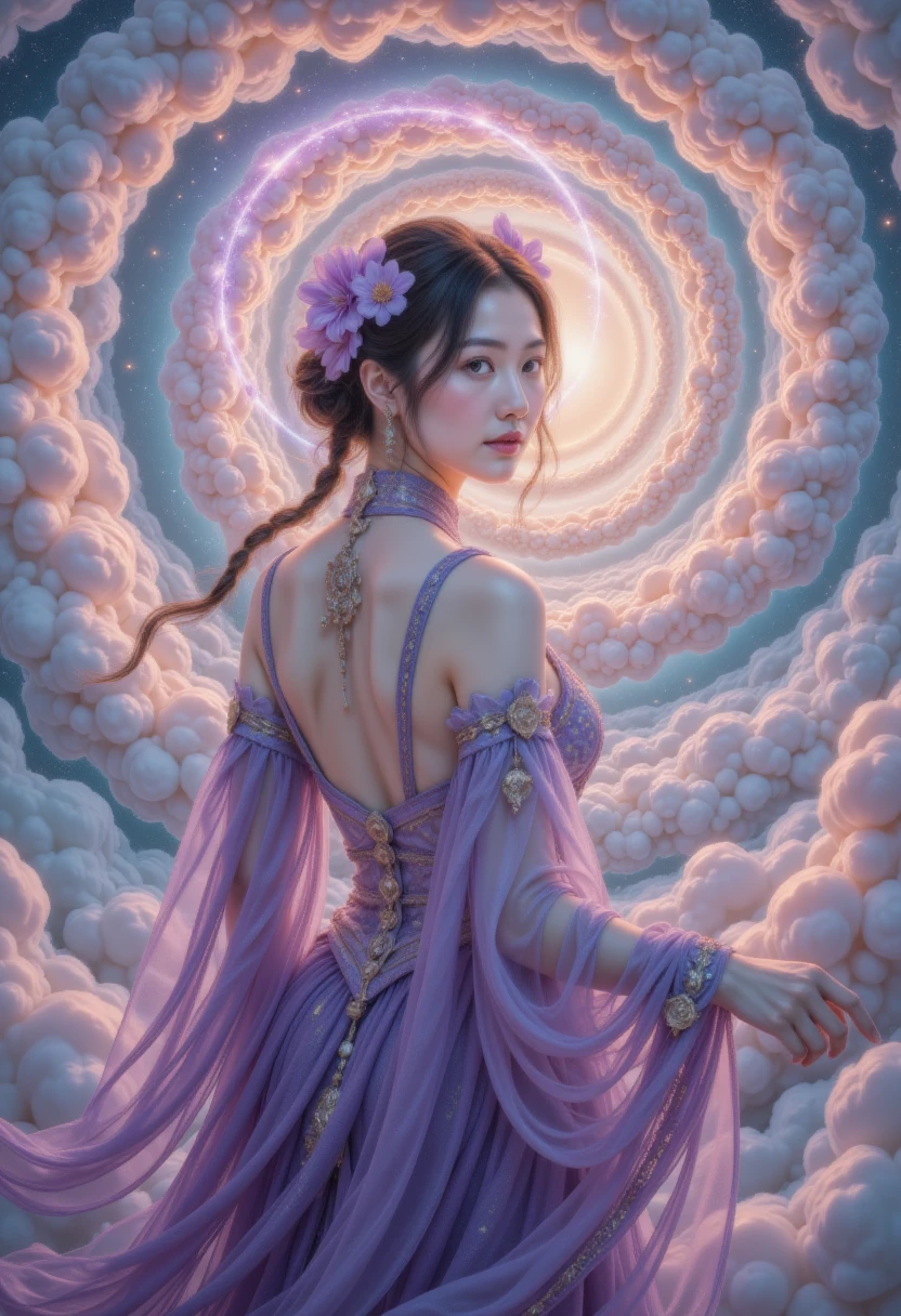 one lady， twilight ，Spiral Cloud，back，(Hyper-Reality:1.4)，Beautiful woman with fair skin,Black and white medium length hair , blue eyes , Wears a purple top and dress , A purple halo ，Decorated with a gold pattern, Wears two purple flowers on her head , Purple flowers on her shoulders