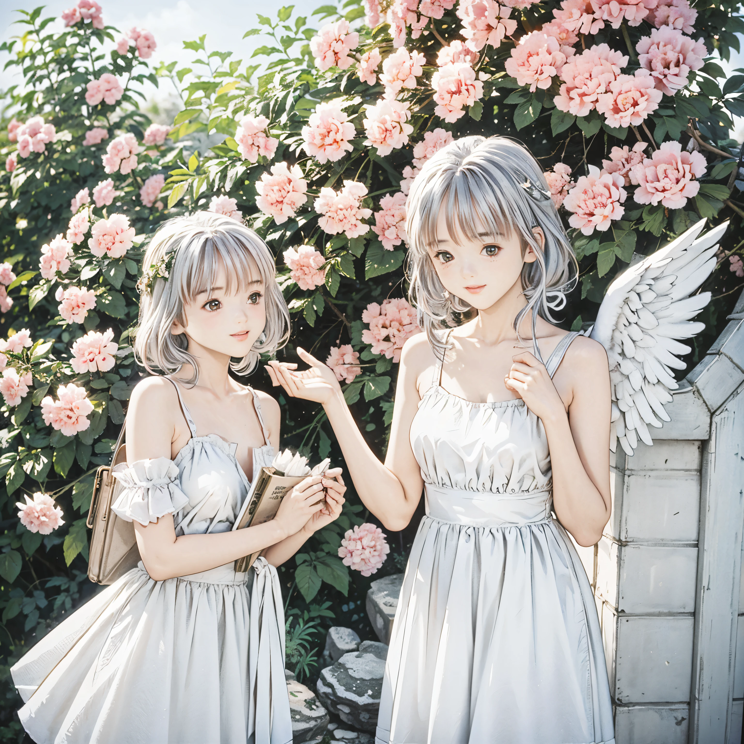 cat、 Silver Hair、White clothes、smile、Good friends、Travel Bags、Carnation、background Greece、Angel、