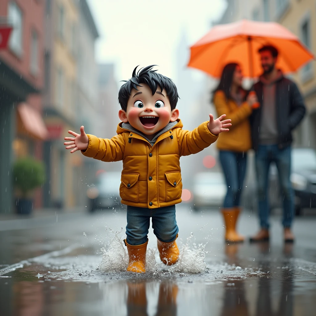  boy with an umbrella in a jacket and rubber boots jumps happiness through puddles,  his mom and dad stand away clutching together , and looking at his son ,cute faces,good atmosphere,bright colors,in the rain,in the city,cute scene , photorealistic funny characters ,maximum detail,  cheerful happy boy jumps through the puddles , heavy rain , bubbles in the puddles ,  splashes from the boy's boots ,happy mom , dissatisfied dad ,((mom and dad hug on an umbrella and look at their son)), photorealism ,