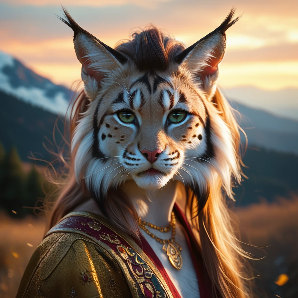 score_9, score_8_up, score_7_up, Alone, Full body, Front view, Lynx, female, Furry with mane, friendly tender face human-like, clear detailed eyes, very long tail, hands human-like, smiles, detailed face, with claws, queen clothing, looks at the viewer, nature, Very detailedes Fell, in the high mountains, highest quality, Very detailed, Very detaileder background