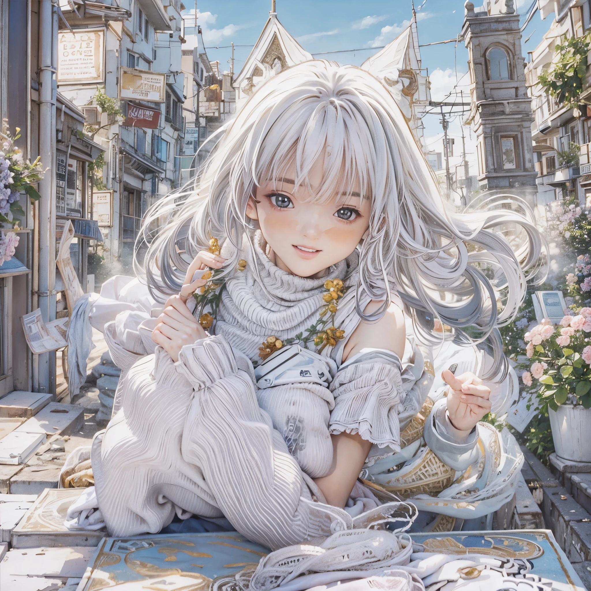 (8k、top-quality、masterpiece:1.2), cat、 Silver Hair、White clothes、smile、Good friends、Travel Bags、Carnation、background Greece、Angel、 imaginary、