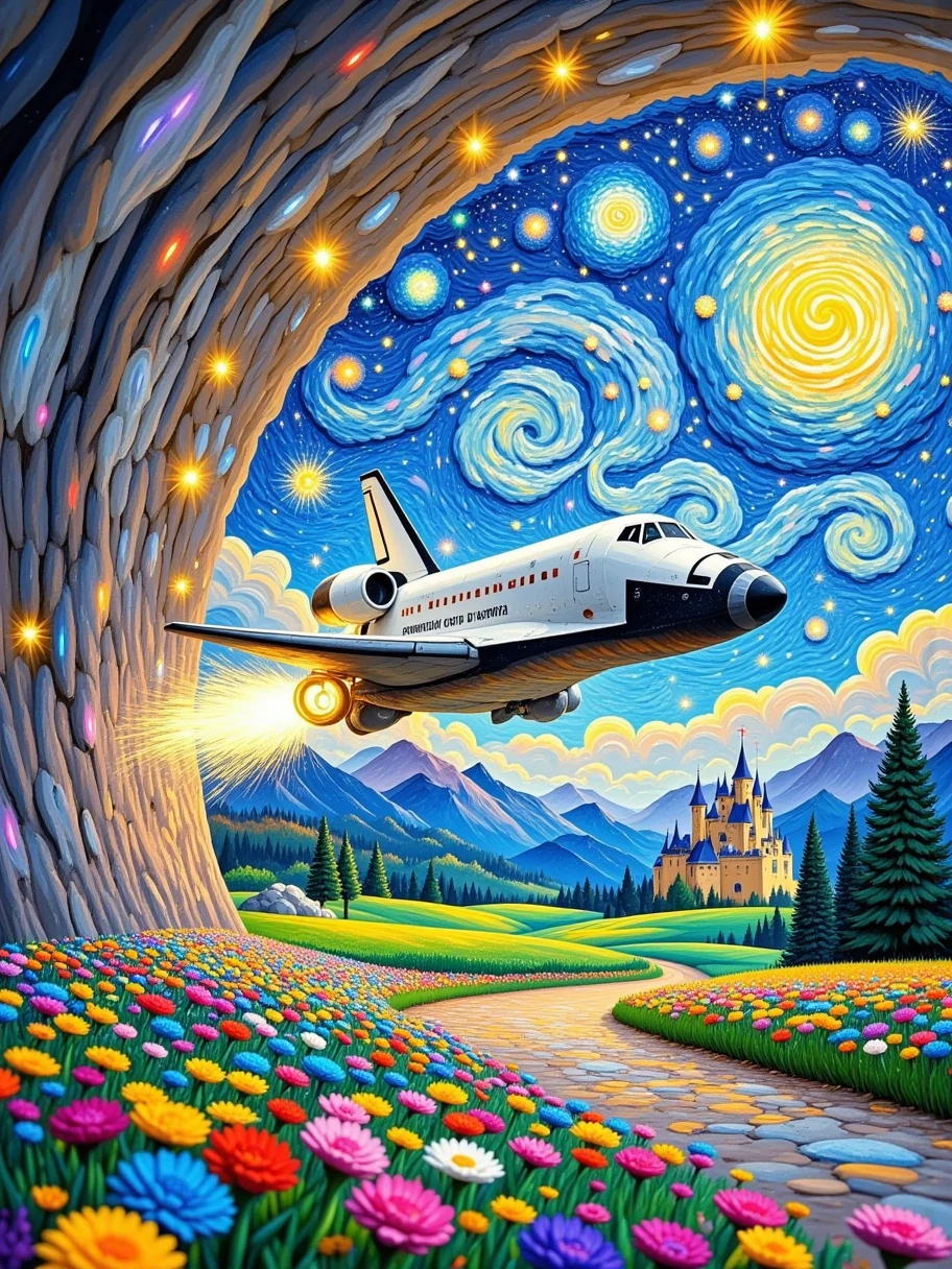 3D 3D oil painting，Van Gogh oil painting，Fingerprint oil painting，3D relief，Dreamy colors and details。. A space shuttle drives out of the tunnel ，space shuttle, The shuttle has a cool appearance ， has powerful propellers and high-tech protective shields,  The fuselage is covered with various indicators and sensors ,  The background is a vast sky ，There are swirling clouds and bright stars in the sky，Gives a feeling of starry sky, The ground is covered with colorful flowers，The sea of flowers stretches into the distance, In the distance there are rolling mountains，There is a castle at the foot of the mountain，The castle is surrounded by green grass and trees,  The whole picture is brightly colored ， full of life and vitality ， and also shows the infinite charm of future technology 