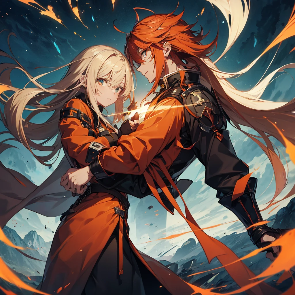 GUILTY GEAR, {{{{{Illustration of a person}}}}, {{{ orange battle coat}}}, Orange and black outfit ,  long brand hair,  straight hair, 36k image quality ,  long bangs  , Shut your mouth., ４０Old man,  handsome, Narrow green eyes ,  Official Art、  best quality、  Unity 8K Wallpaper 、32K、masterpiece、 super detailed, Male nose, Male Eyes  , Male outline  , {{{ carrying a large red sword }}}, Fighting in the old battlefield ,  acrobatic poses,