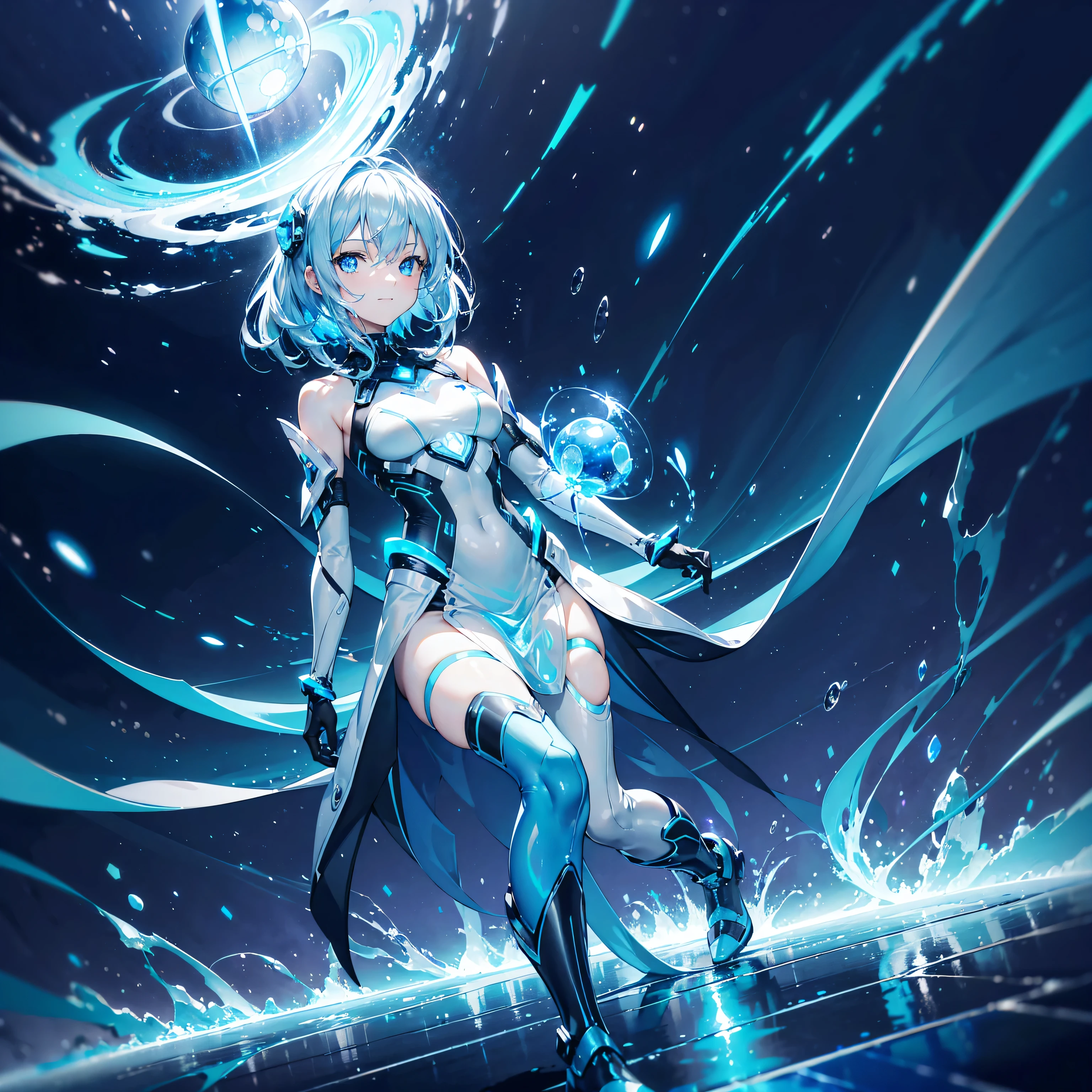 8K, Highest quality, (real:1.4), Original photo, 1 girl, Asari Hair, Biological Amplifier, Very sleek and futuristic armor, posture: Peace talks between warring factions,,attention arousal, smart blue eyes,A modest smile,Knee-high boots,Patent-look blue tights,Blue big moon and blue light swirl in the background,Blue light from behind,blue light magic,A small, glowing blue ball in the palm of your hand,Blue flame swirl,Blue Comet,Polished floor,
