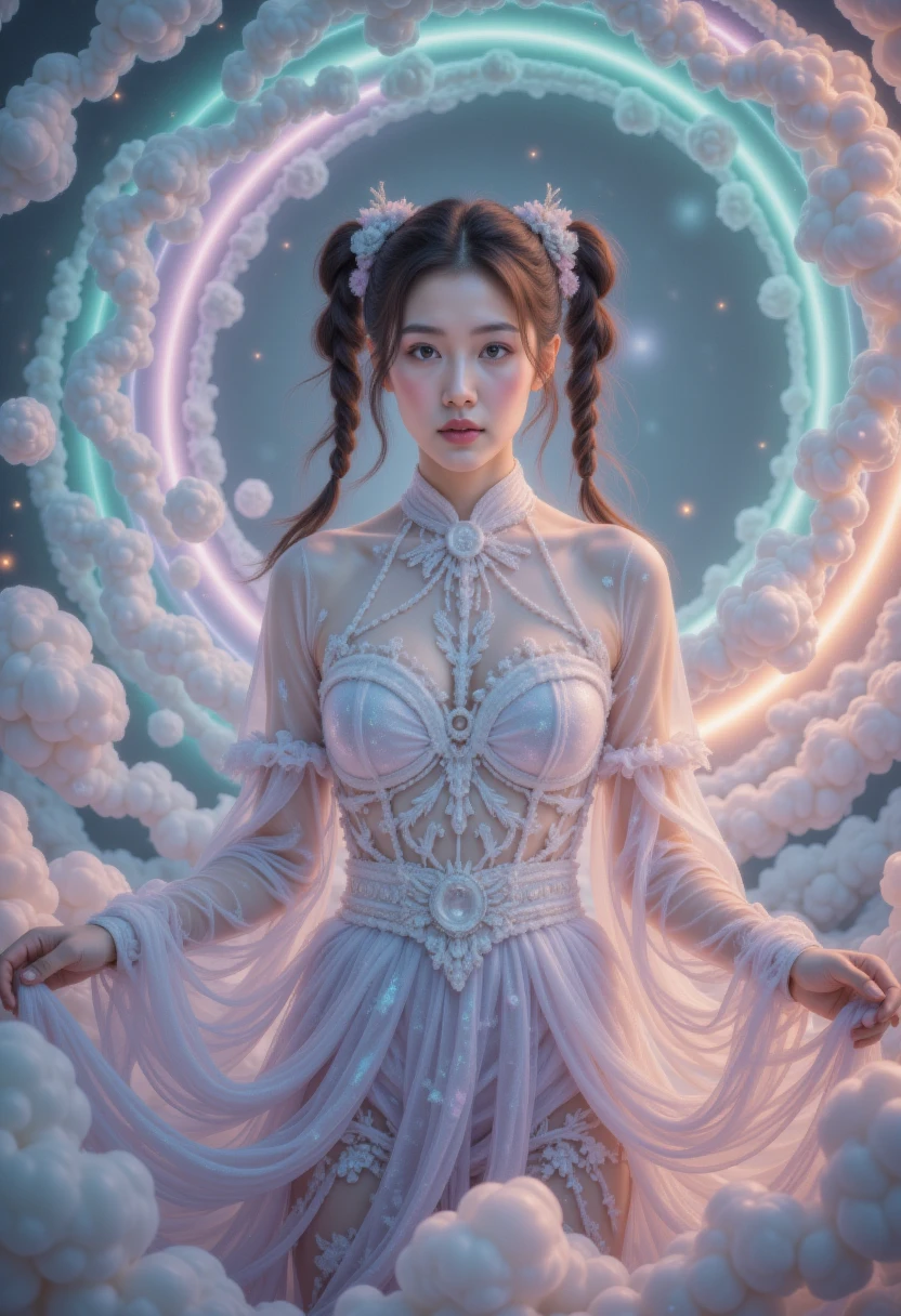 one lady， twilight ，Spiral Cloud，back，(Hyper-Reality:1.4)，(Holographic art:1.2)、masterpiece、 top quality、whole body、 a girl  (((  glass-like translucent reflective dress))) 、 Neon Background 、Halo，Hyper-Reality主义、 high res、 detailed、Blurry focus 、 Delicate facial features 、Perfect eyes、sharp pupils、Surprised expression、 depth of written border、Bokeh、 clearly focuses 、 long double ponytails on the embankment、Hair accessories are very sharp、Green Light、Big soap bubbles、Lighted by world-class AI 