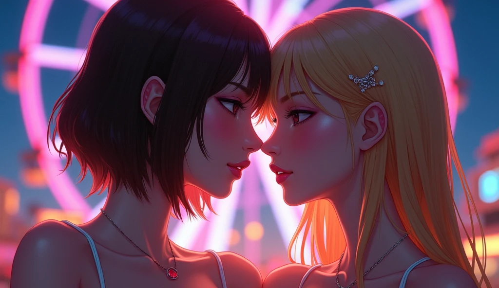 (masterpiece, Highest quality, 8K, Sharp focus, Written boundary depth, Best Shadow, Perfect lighting, High resolution, Realistic skin texture, ultra-detailed background, detailed), Anime Style, Two women are kissing (One of them has green eyes.., White skin, Black hair ponytail, choker, Small breasts, slim, Compensate, eyeliner, Sparkling), (The other woman is blonde.), In a nightclub, Cyberpunk Theme,  Cyberpunk City.