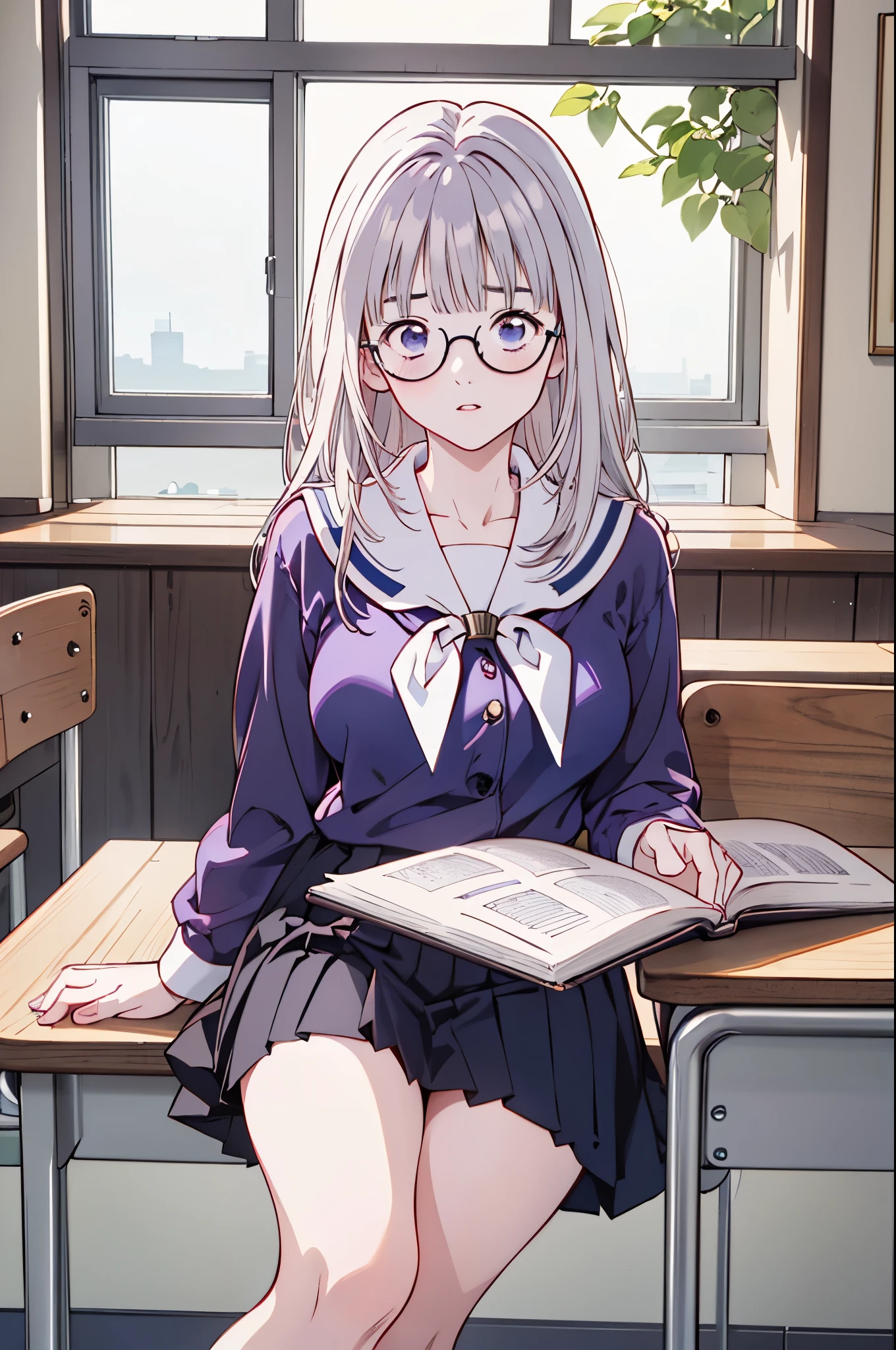 (8k、top-quality、​masterpiece:1.2)、(Realistic、Ultra-detailed、 super A high resolution 、beautiful詳細な顔, perfect body for a lawn,( 1 girl ,Long silver hair),( school uniform, sailor suit ,Purple Shirt,navy skirt,White Thailand), Contrapost, clevis,in classroom, Portrait、 Libraries 、 reading a book、(( wear black glasses to capture  )),beautiful、 embarrassed 、 Big Breasts 、reading、