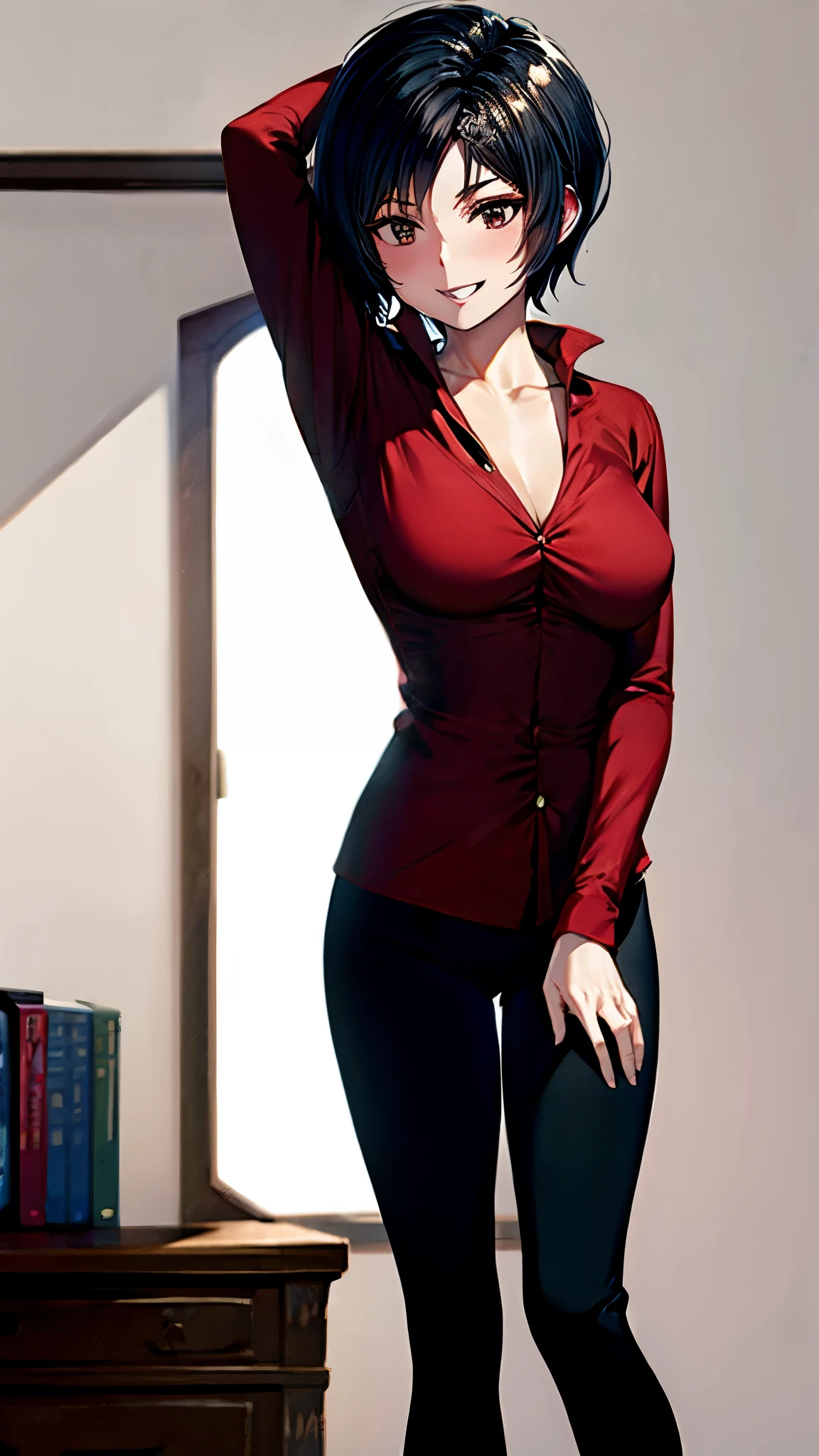 ( super quality, ultra high resolution,16k,super masterpiece,Ultra HD ,Detailed shading and background,)sexy wife,Short, straight, black hair ,( long-sleeved red shirt that is unbuttoned, spread wide, and stand straight, black pants,) Necklaces ,smile,Open thick lips vertically , Living room where the sun shines ,