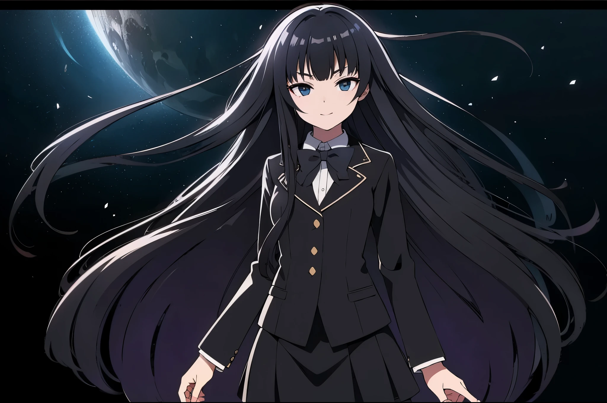 Starry night sky, in space, zero gravity, from side, lie on air, close eyes, evil smile, anime style, 1femail, ultra high res, Best quality, ultra detailed, wearing a black blazer, school uniform, straight long hair, thin legs, pantyhose (black), dark brown bowtie, black skirt, break ideal ratio body proportions, clear detailed face, high nose(1:2), large mouth, break black eyes, break a strong female character with broad shoulders, straight long hair, 8k, masterpiece, dark eyelashes,