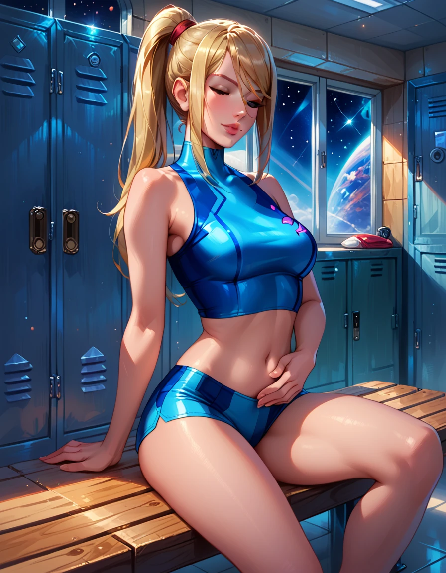 score_9, score_8_up, score_7_up, score_6_up, rating_questionable, 1girl, solo, beautiful waifu, (Samus Aran, blonde, ponytail:1.3), wearing (tiny yoga shorts and batwing top,high neck coverage, bare shoulders, bare arms, midriff, navel, barefoot:1.1), (space station locker room, view of stars through viewing window:1.4), sitting on steel bench, sexy smile, hand on stomach, legs together, eyes half-closed, filled lips, thick lips, detailed eyes, detailed face, dimly lit, perfect hands, (Hand, detailed, perfect, perfection, hands:1.2), perfect proportions.