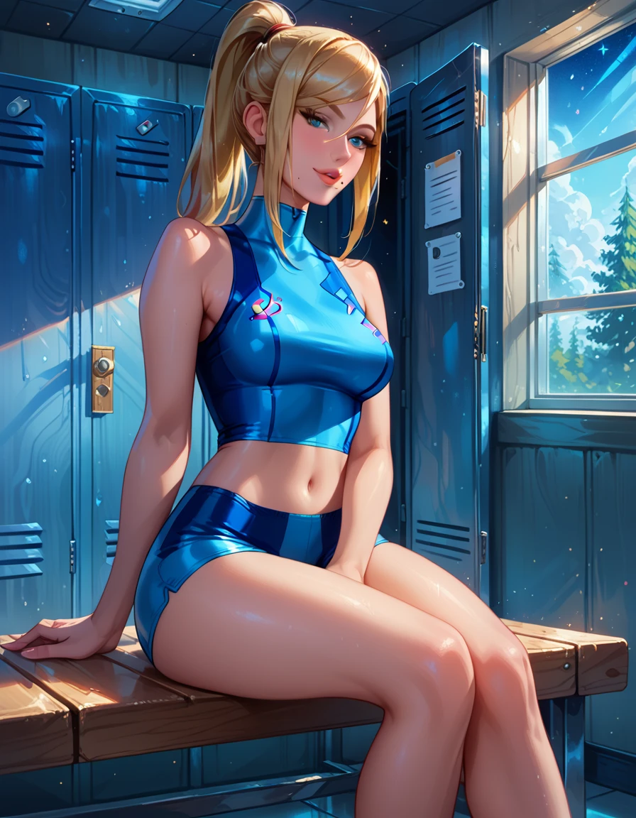 score_9, score_8_up, score_7_up, score_6_up, rating_questionable, 1girl, solo, beautiful waifu, (Samus Aran, blonde, ponytail:1.3), wearing (tiny yoga shorts and batwing top,high neck coverage, bare shoulders, bare arms, midriff, navel, barefoot:1.1), (space station locker room, view of stars through viewing window:1.4), sitting on steel bench, sexy smile, hand on thigh, legs together, eyes half-closed, filled lips, thick lips, detailed eyes, detailed face, dimly lit, perfect hands, (Hand, detailed, perfect, perfection, hands:1.2), perfect proportions.