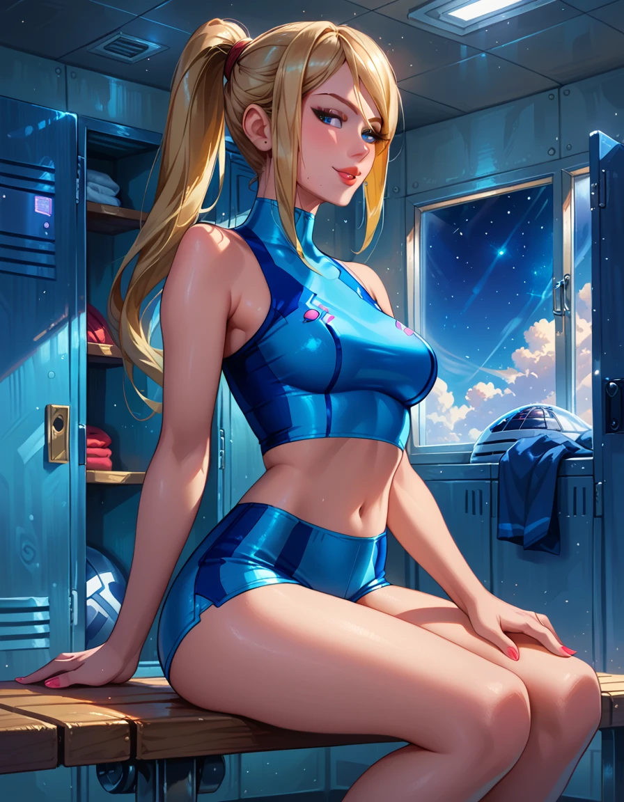 score_9, score_8_up, score_7_up, score_6_up, rating_questionable, 1girl, solo, beautiful waifu, (Samus Aran, blonde, ponytail:1.3), wearing (tiny yoga shorts and batwing top,high neck coverage, bare shoulders, bare arms, midriff, navel, barefoot:1.1), (space station locker room, view of stars through viewing window:1.4), sitting on steel bench, sexy smile, hand on thigh, legs together, eyes half-closed, filled lips, thick lips, detailed eyes, detailed face, dimly lit, perfect hands, (Hand, detailed, perfect, perfection, hands:1.2), perfect proportions.