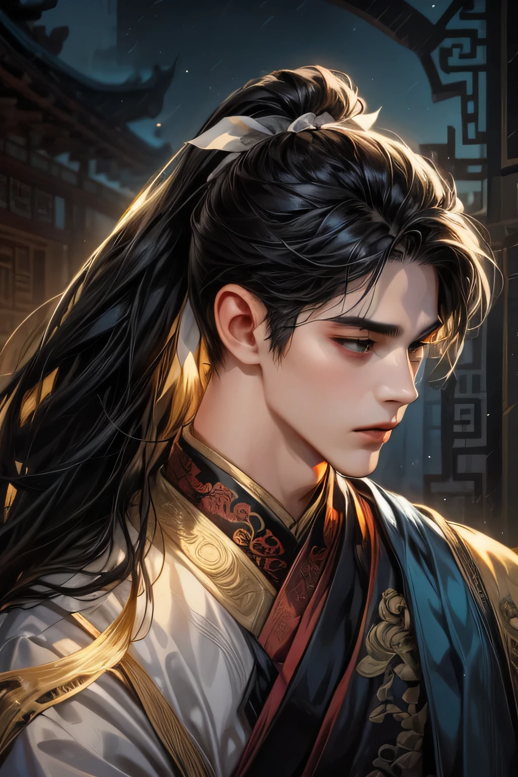  Ancient Chinese , Adult Male,about 25 years old,Handsome , Single,Hanfu , Ancient Chinese Hairstyles,long hair,black hair,black Eyes,Song Dynasty Costume,dark blue, romantic, BACKGROUND ANCIENT CHINESE MANSION, Original Concept Art,  Masterpiece Illustration 