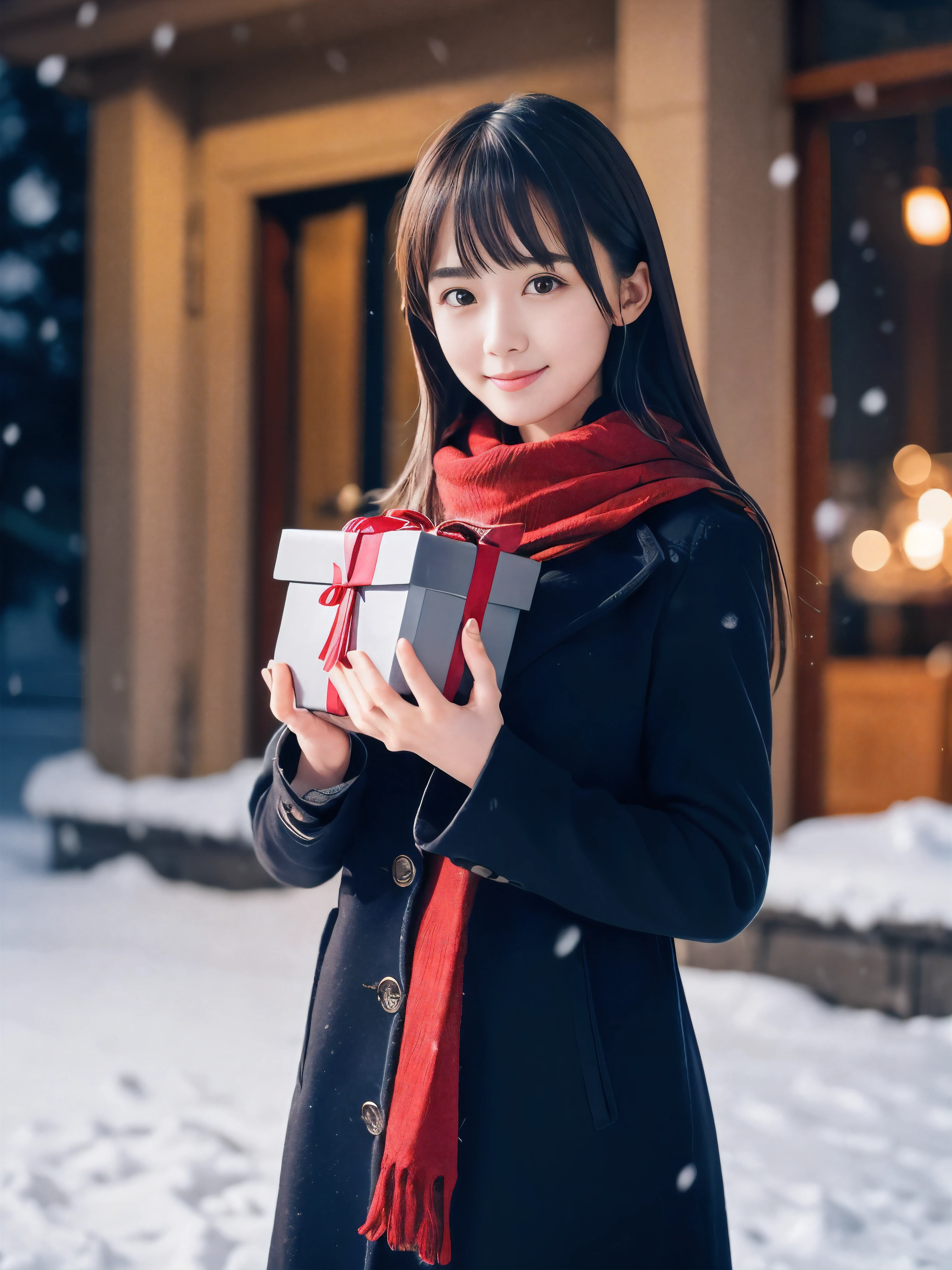 (Close-up face shot of one slender small breasts dark silver long hair with swept bangs girl in a winter long coat and  scarf:1.5)、(One girl is holding a big gift box in arms with happy smile:1.5)、(Beautiful Christmas illumination night:1.5)、(Heavy snowing night:1.5)、(blurred background:1.5)、(Natural light:1.5)、(8k ultra detailed master piece:1.5)、(perfect anatomy:1.5)、(Photorealistic stick:1.5)、(Raw photo:1.3)、(highest quality:1.5)、(High resolution:1.3)、(Delicate and beautiful perfect face:1.3)、(Delicate and beautiful eye air skin:1.3)、(Real Human Skin:1.3)、((thin legs))