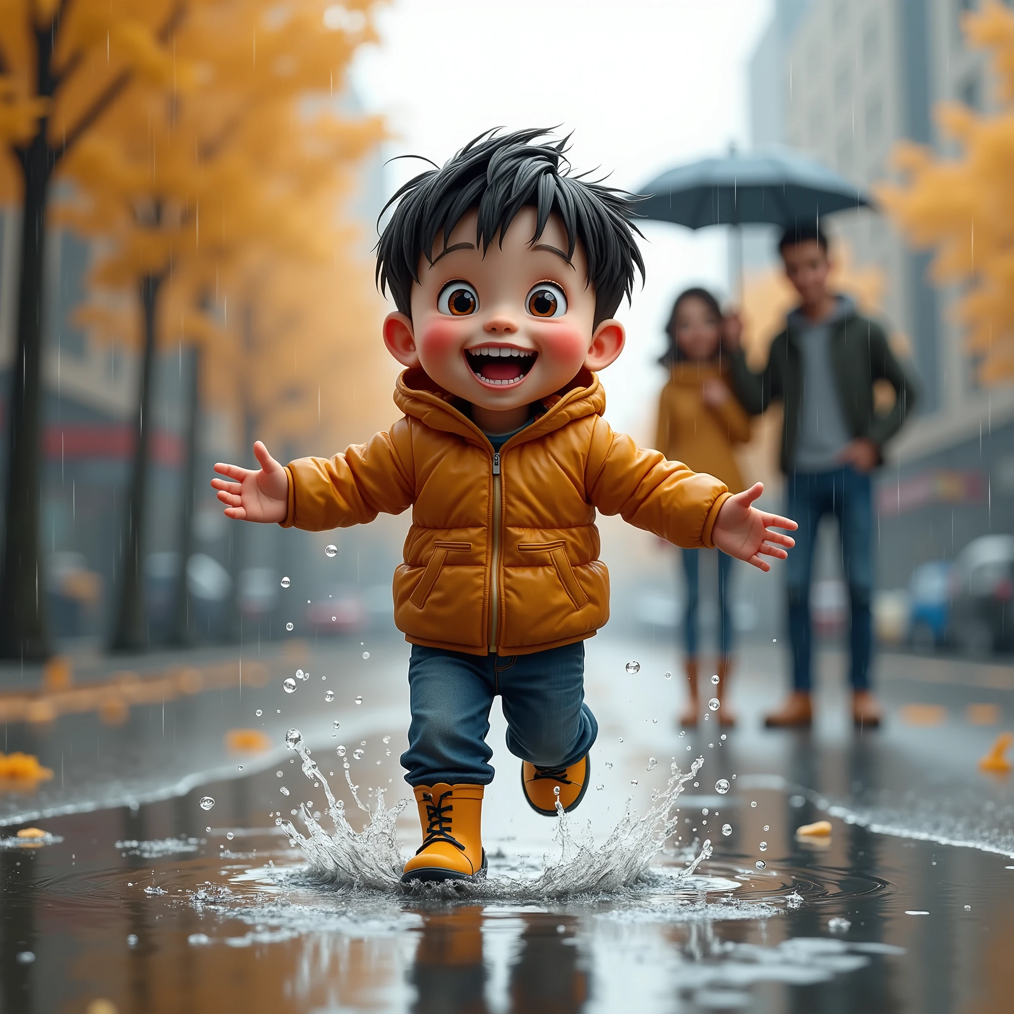  boy with an umbrella in a jacket and rubber boots jumps happiness through puddles,  his mom and dad stand away clutching together , and looking at his son ,cute faces,good atmosphere,bright colors,in the rain,in the city,cute scene , photorealistic funny characters ,maximum detail,  cheerful happy boy jumps through the puddles , heavy rain , bubbles in the puddles ,  splashes from the boy's boots ,happy mom , dissatisfied dad ,((mom and dad hug on an umbrella and look at their son)), photorealism ,